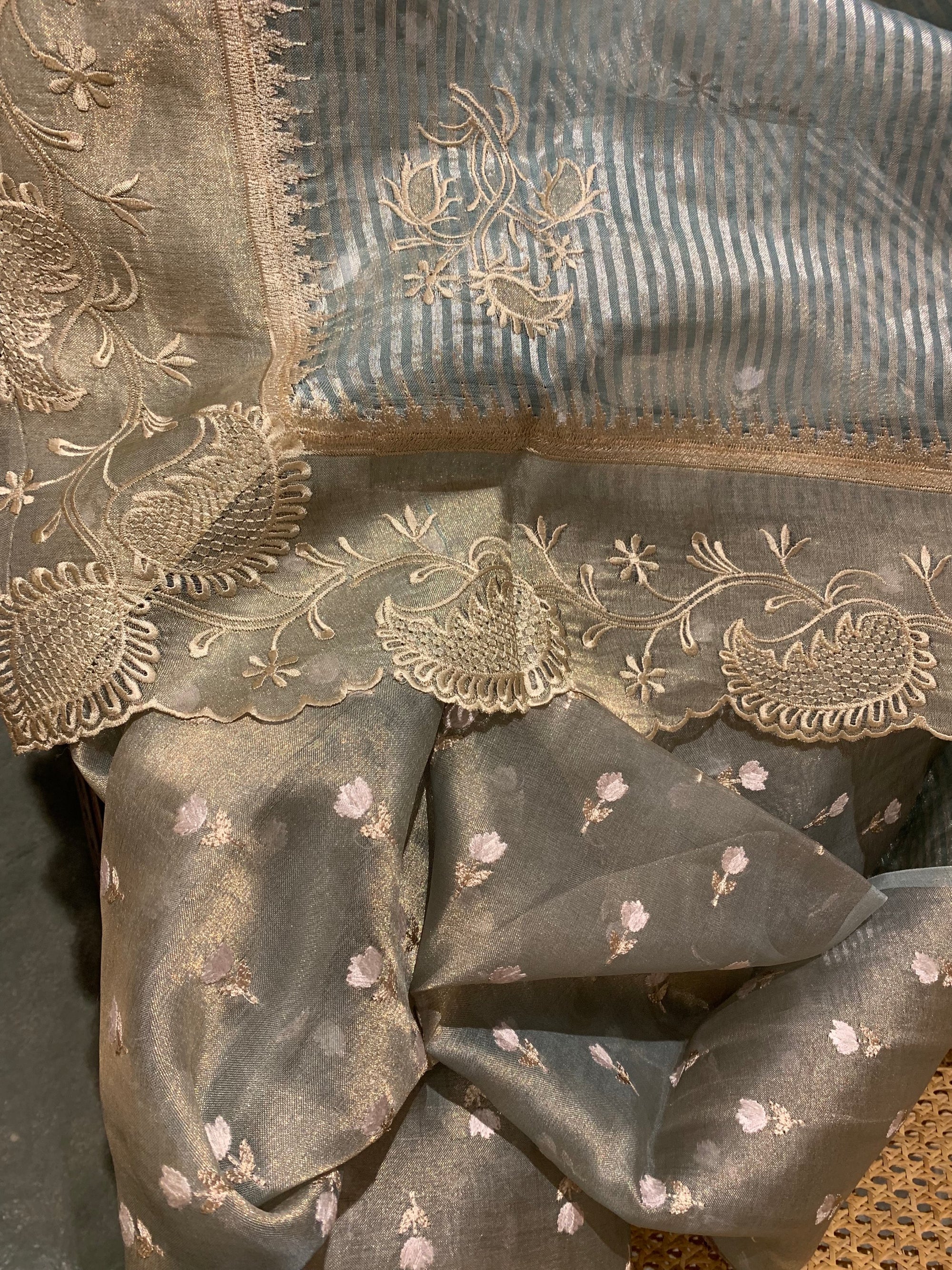 Iceberg Blue Designer Banarasi Tissue Saree with embroidery