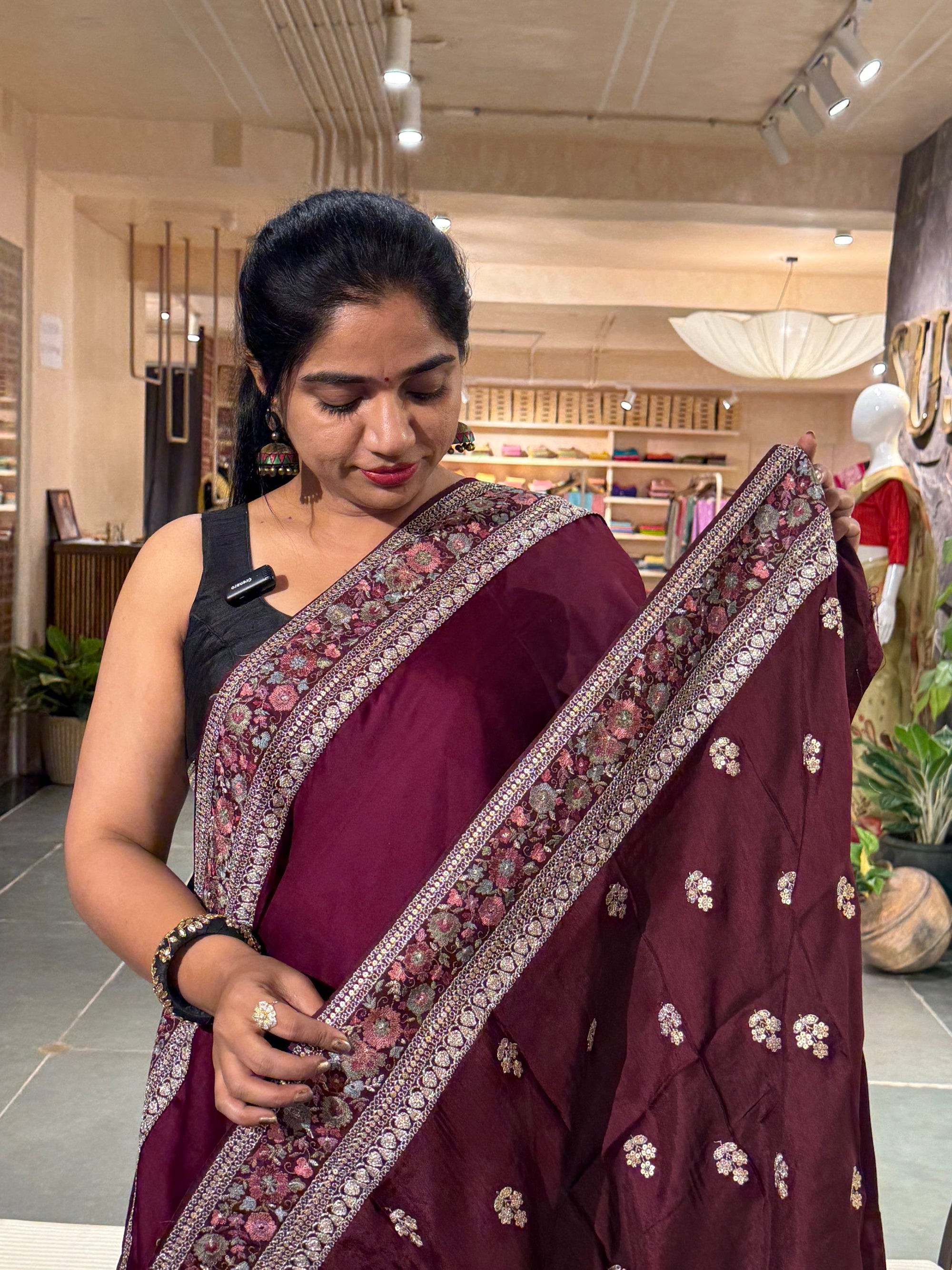 SSSM212 Wine Pure Satin Silk Saree with Sabyasachi Inspired Borders and Blouse