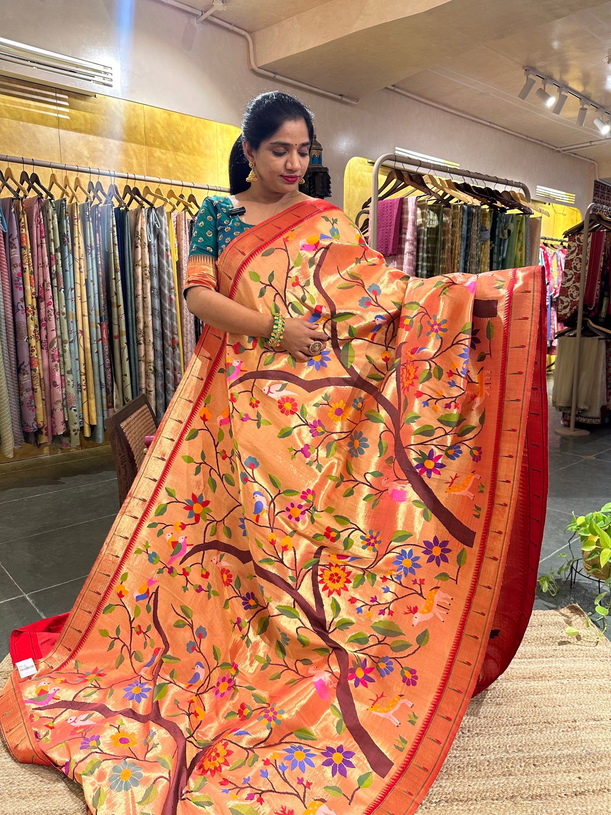 Dark Peach Tissue Allover Pure Handloom Paithani Saree