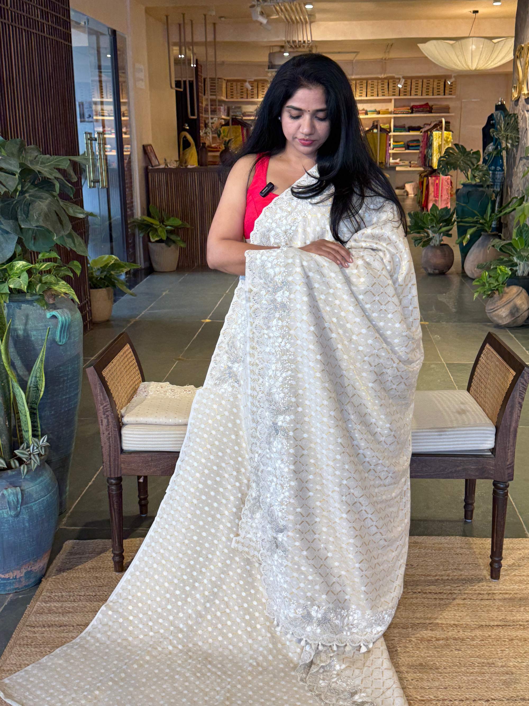 Pure Handloom Munga Banarasi Tussar  with allover weaving & emb Borders