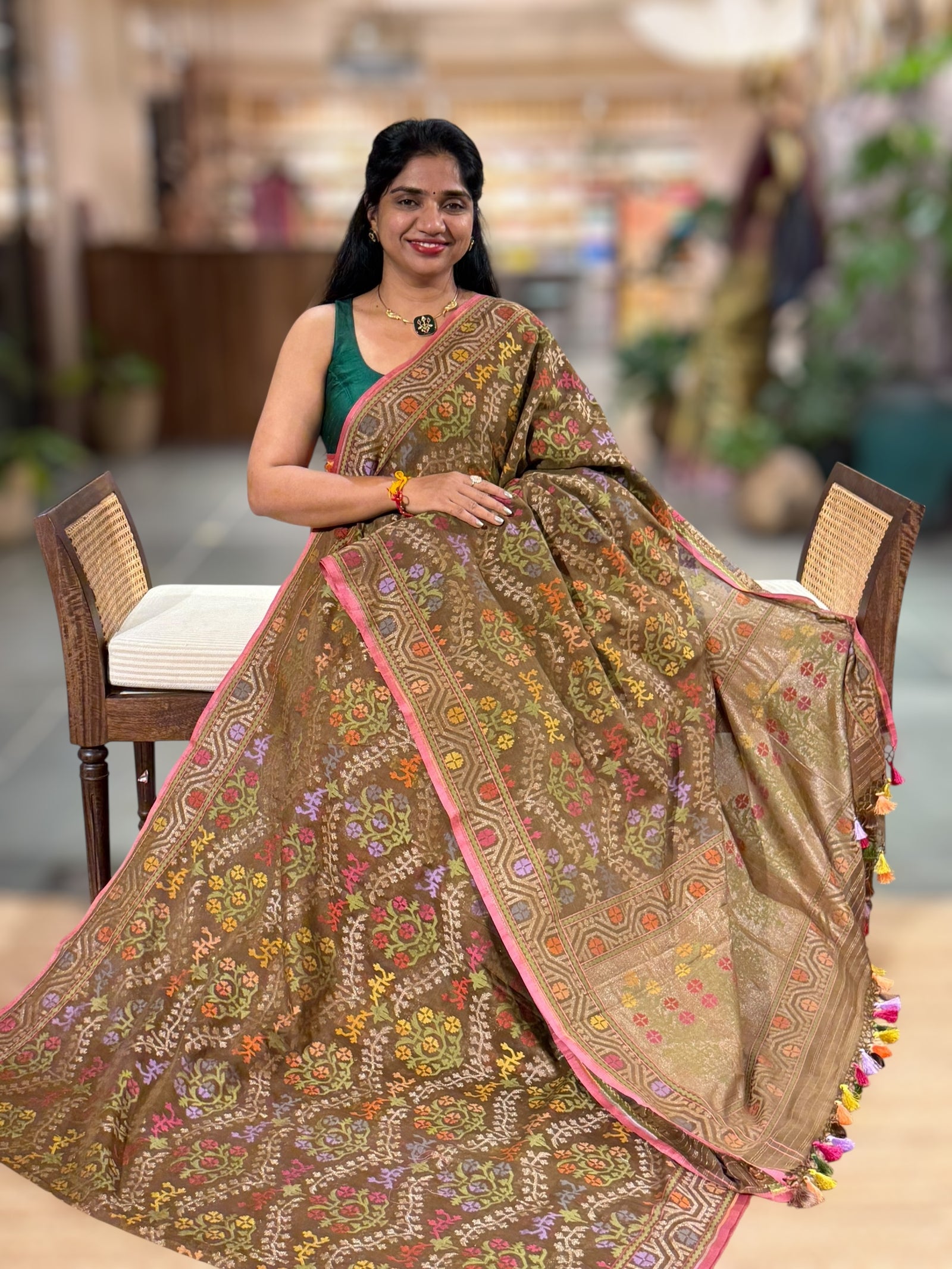 Olive Brown Banarasi Handloom Cotton Cut Jamdani Saree With Allover Meenakari