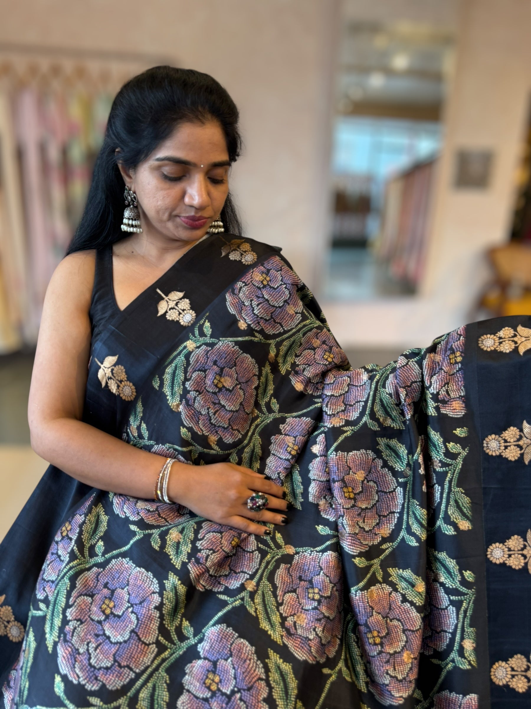 Banarasi Soft Silk m Saree With Cross Stitch Style 3D Floral  Print Allover