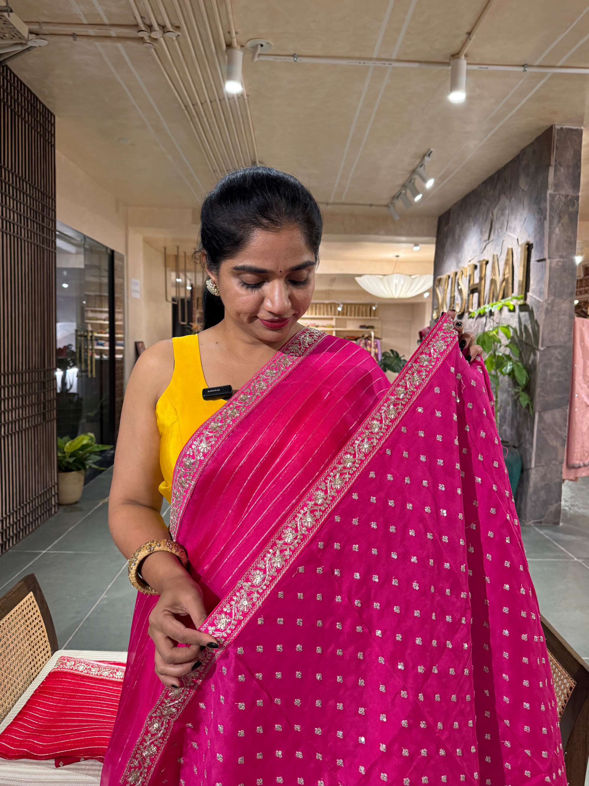 SOSSM2902  Fuschia Pink Organza Silk  Saree hemlined with Sabhyasachi Borders