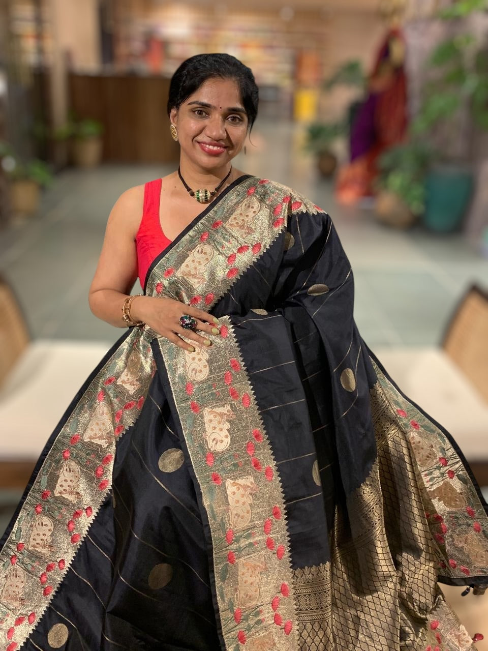 Black Kanjeevaram Silk Saree With Tissue Pichwai Embroidery Border