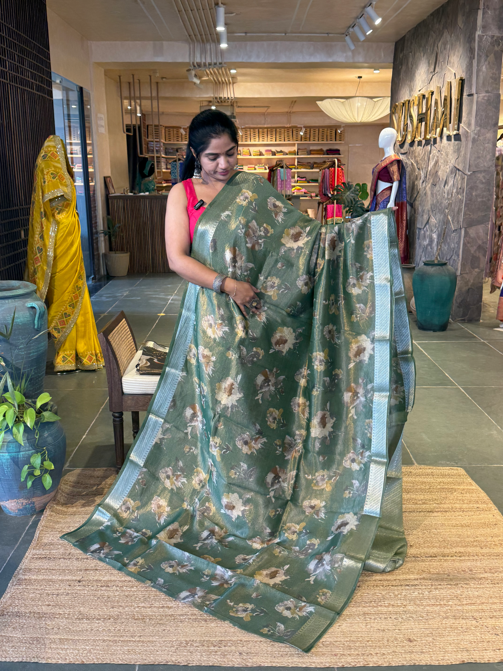 Bottle Green Banarasi Floral Printed Cotton Saree with brocade pallu and blouse