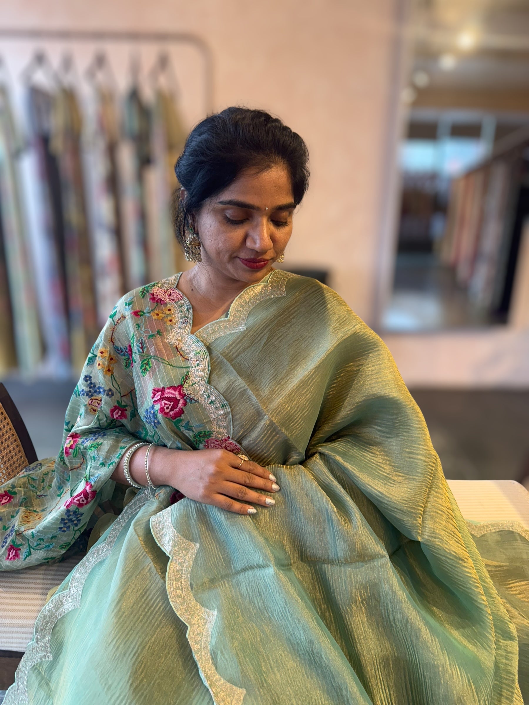 Ombre Dyed Crush Tissue Saree With Pitawork Border & Petite Point Embroidered BP