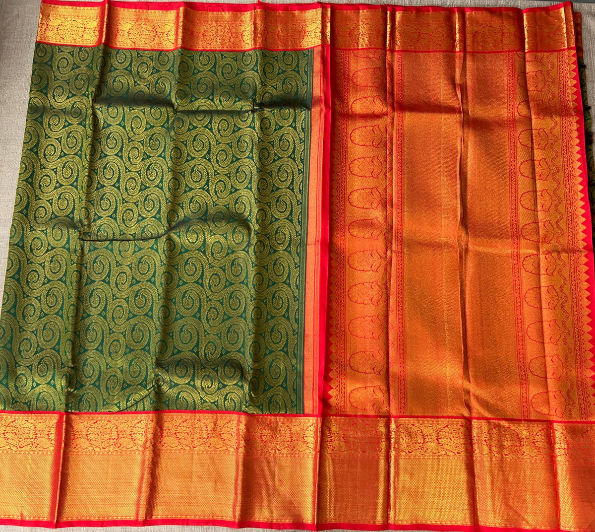 Pure Kanchi Pattu Brocade Saree - Green & Reddish Orange