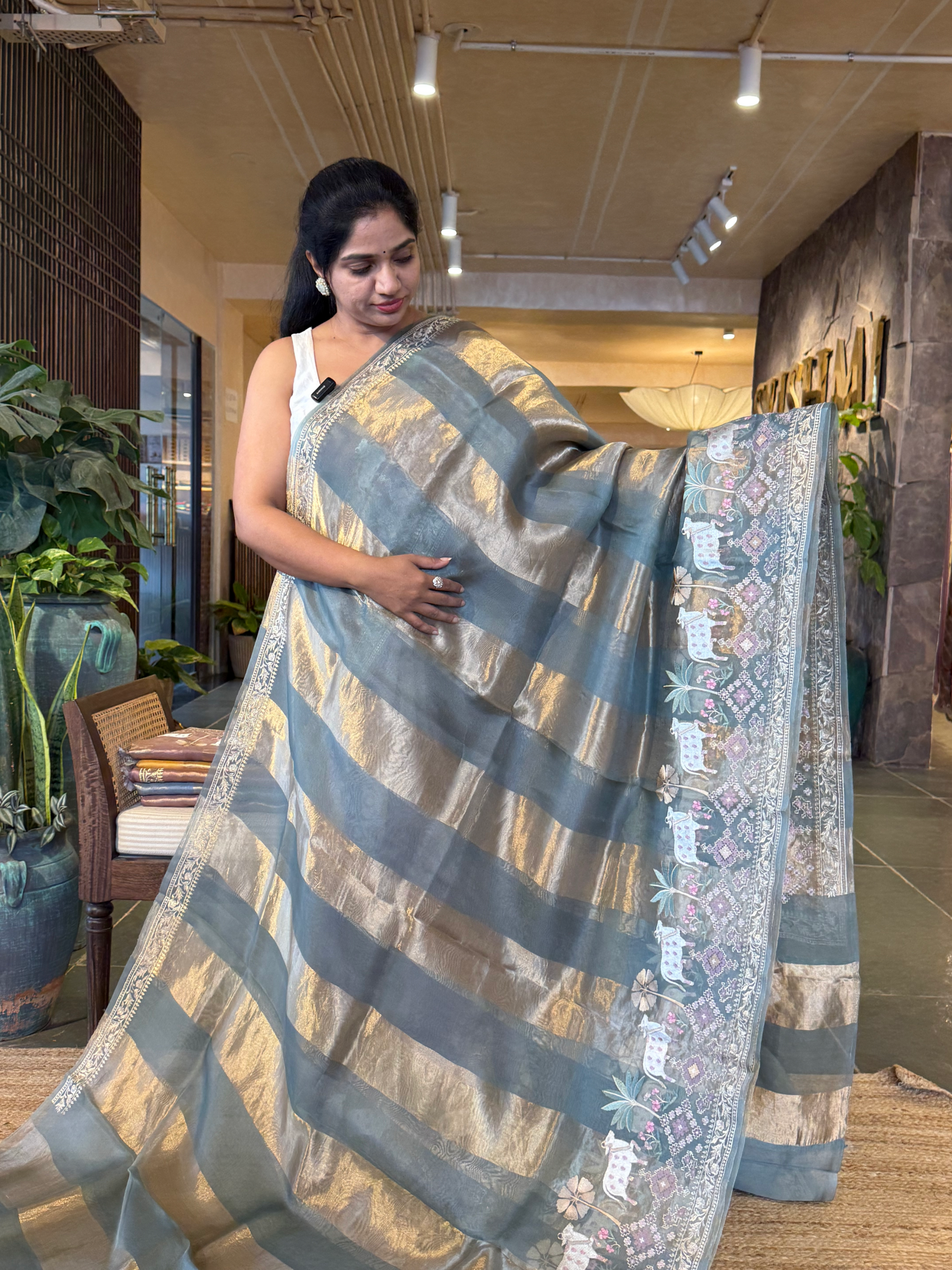 Greyish Blue Kora Tissue Stripes with Pichwai & Jamdani Inspired Embroidery