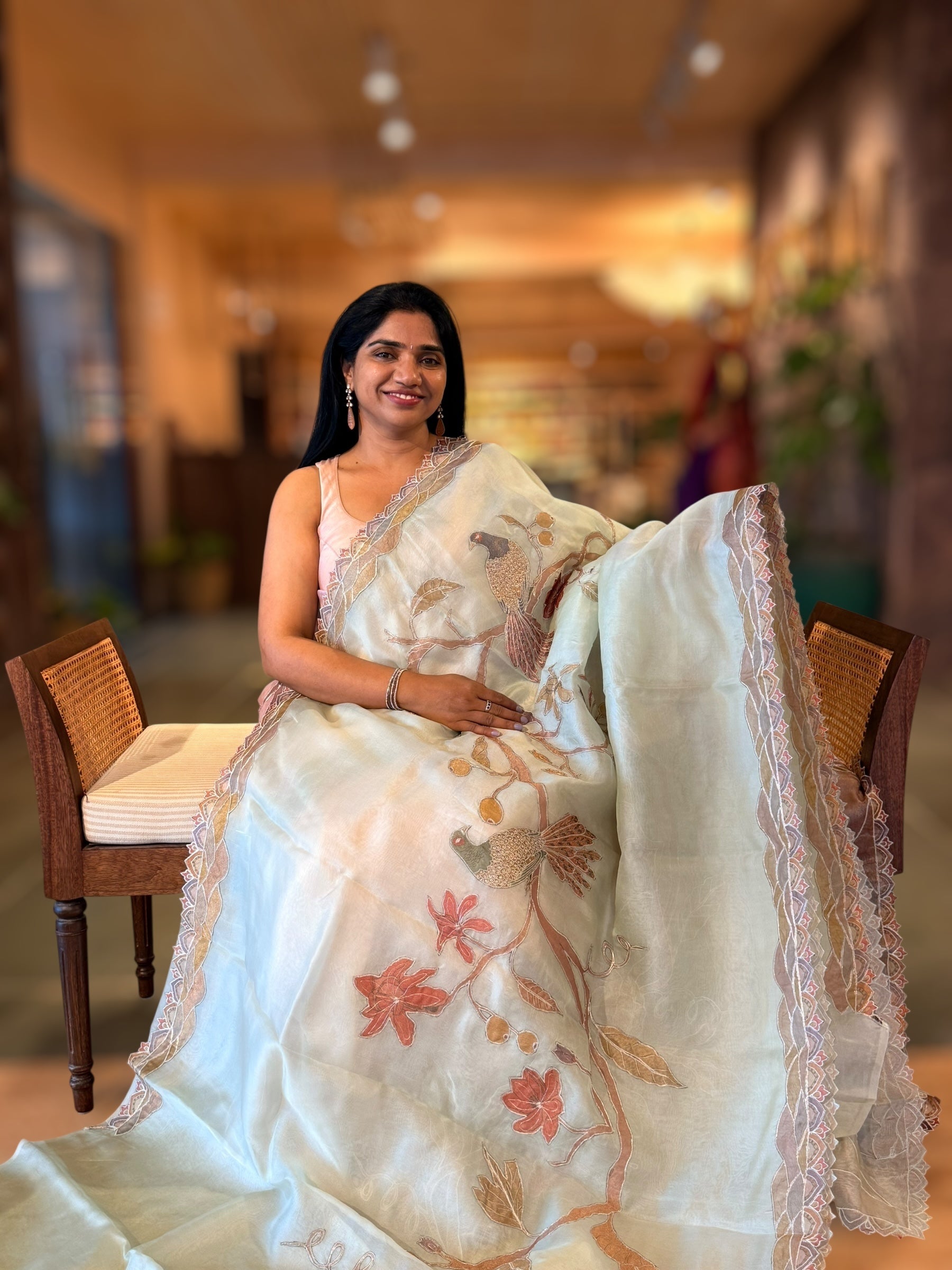Mint Pure Organza Saree with one of a kind Tissue Applique work allover