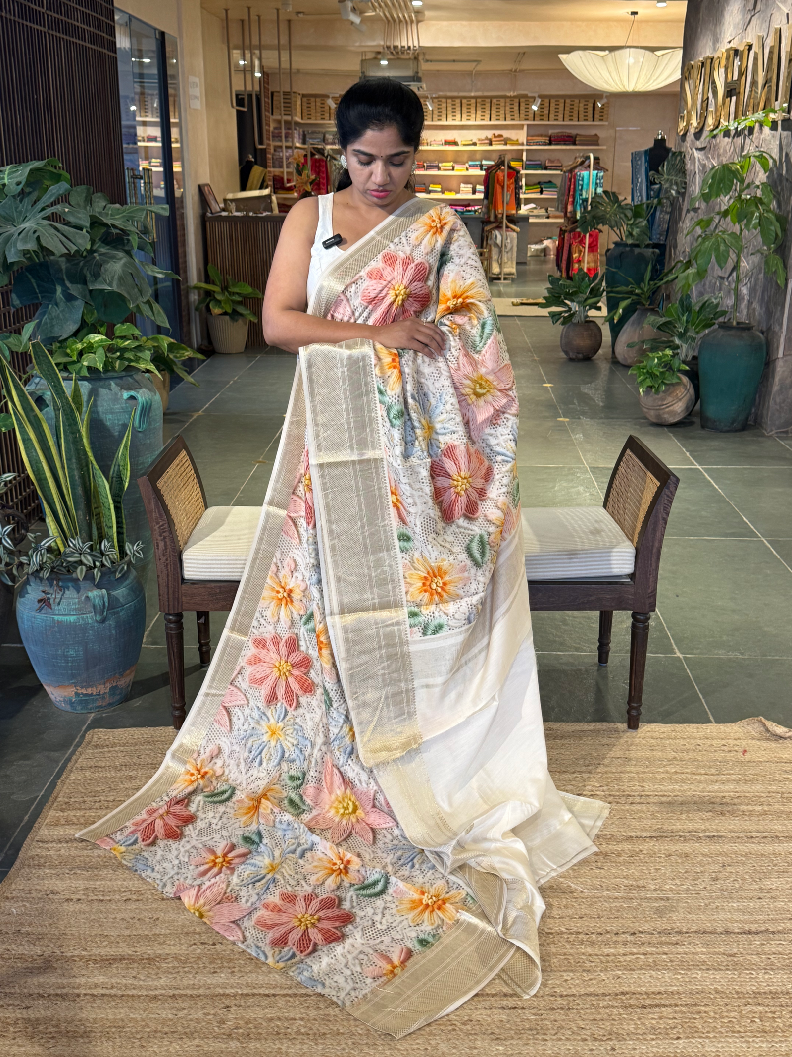 Banarasi Chiniya Silk Sarees with beautiful embroidery style 3D floral Print
