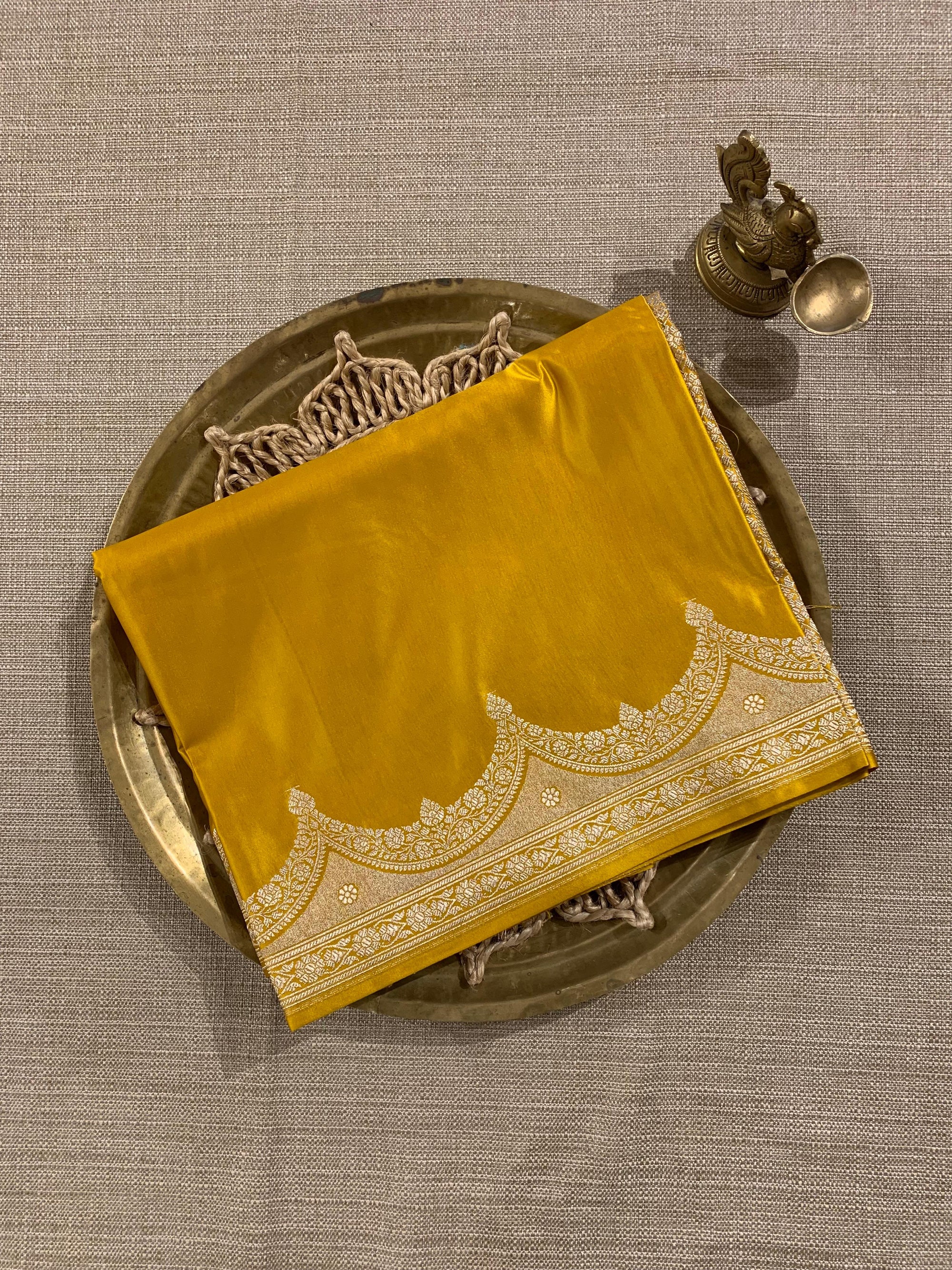 SMSSA213 Yellow Mashru Silk Saree With Scallop Border