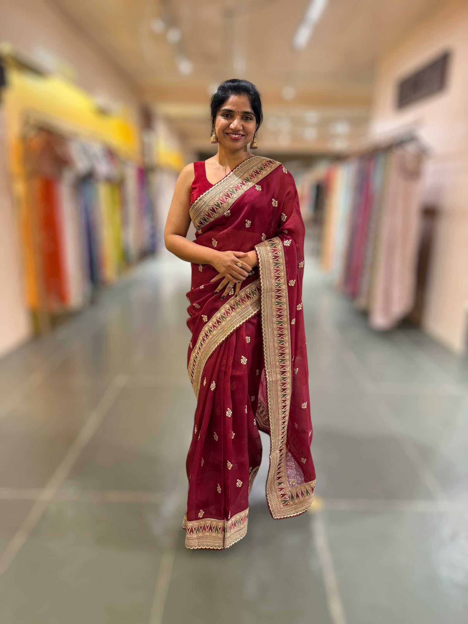 Luxe Brgundy Organza Saree with Sabyasachi-Inspired Border & Blouse