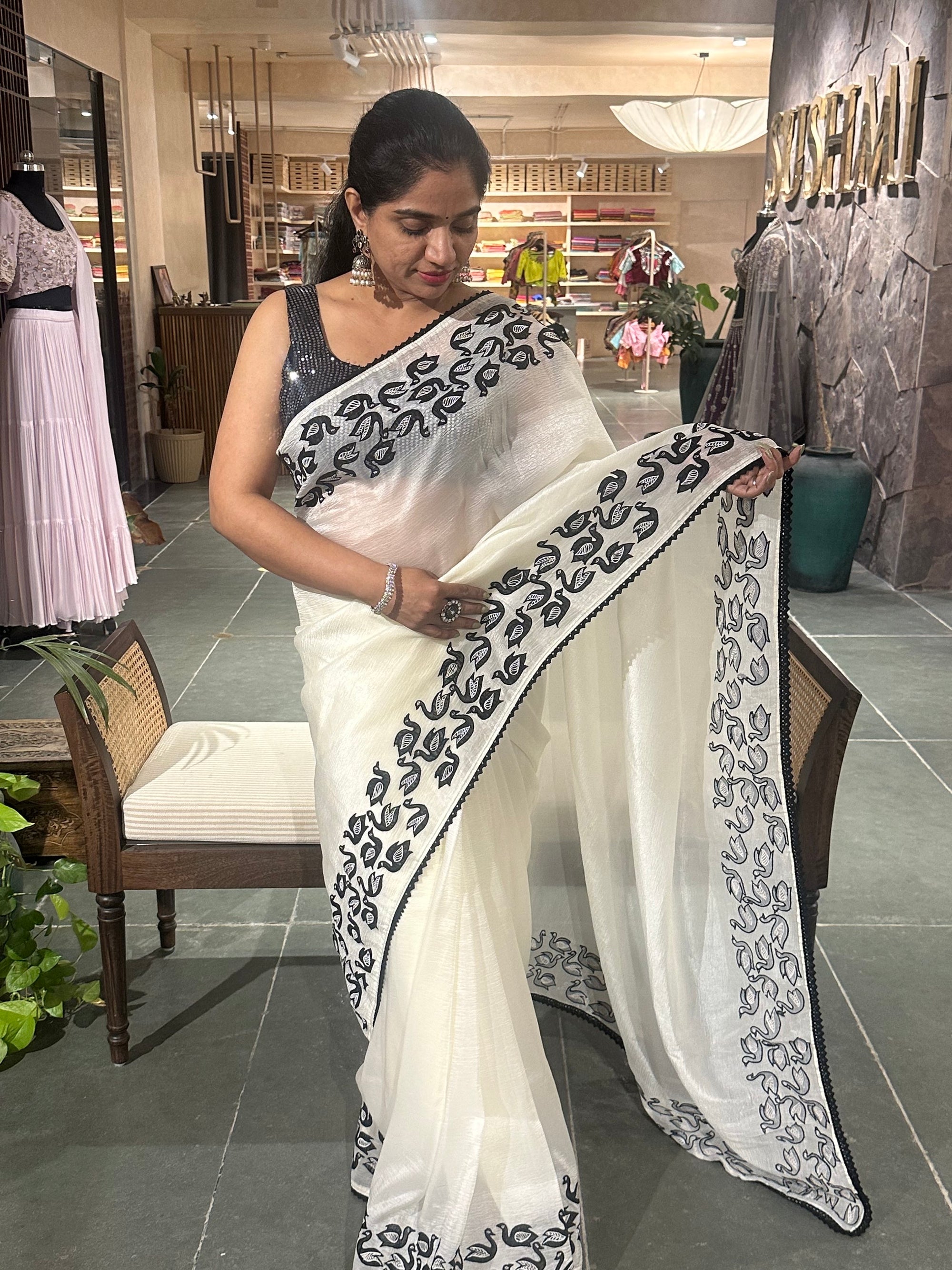 Half white Crush Organza Saree with Ducks applique work and embroidery