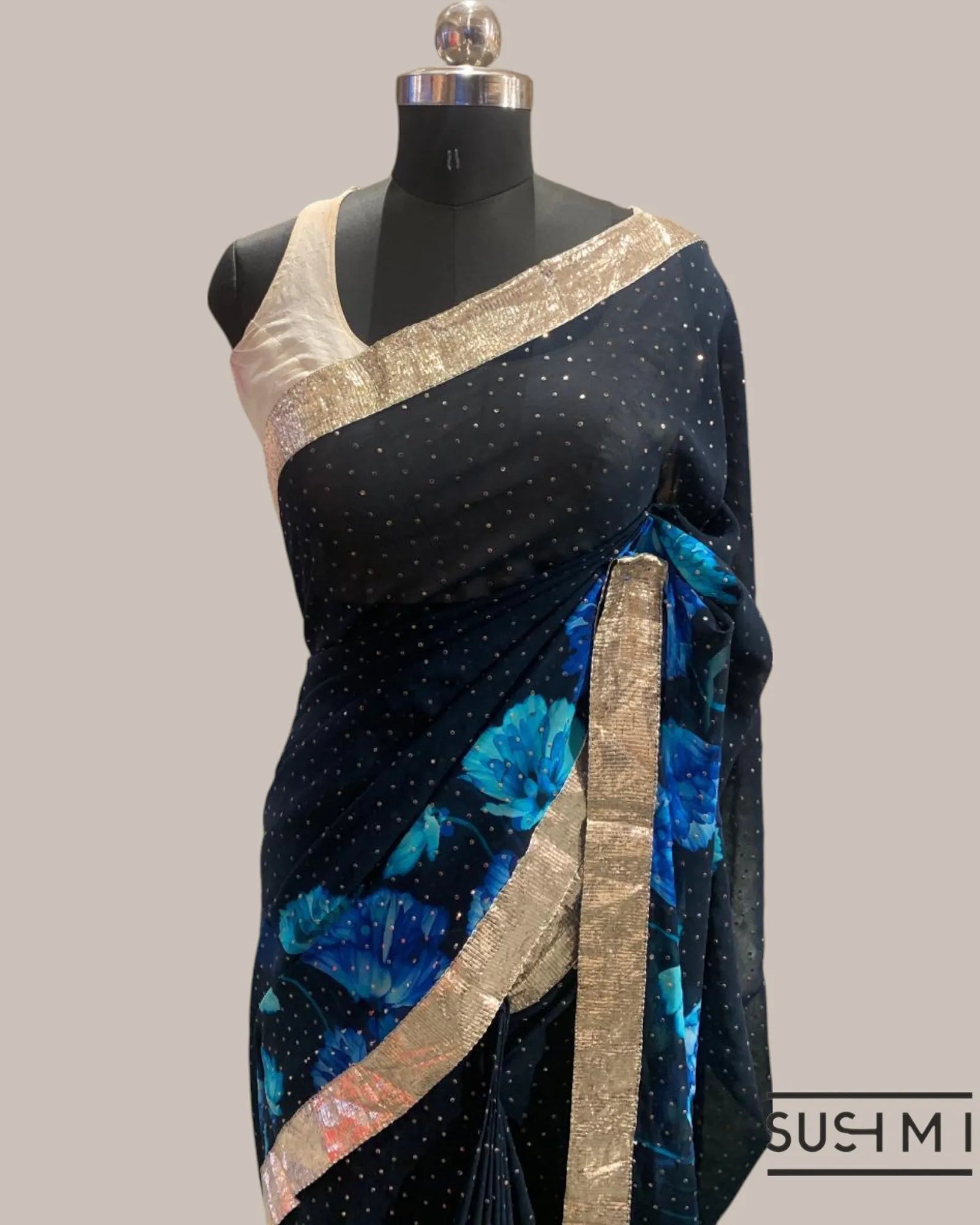 Pure Gorgette Saree with floral printed border and pallu hemlined with gota lace