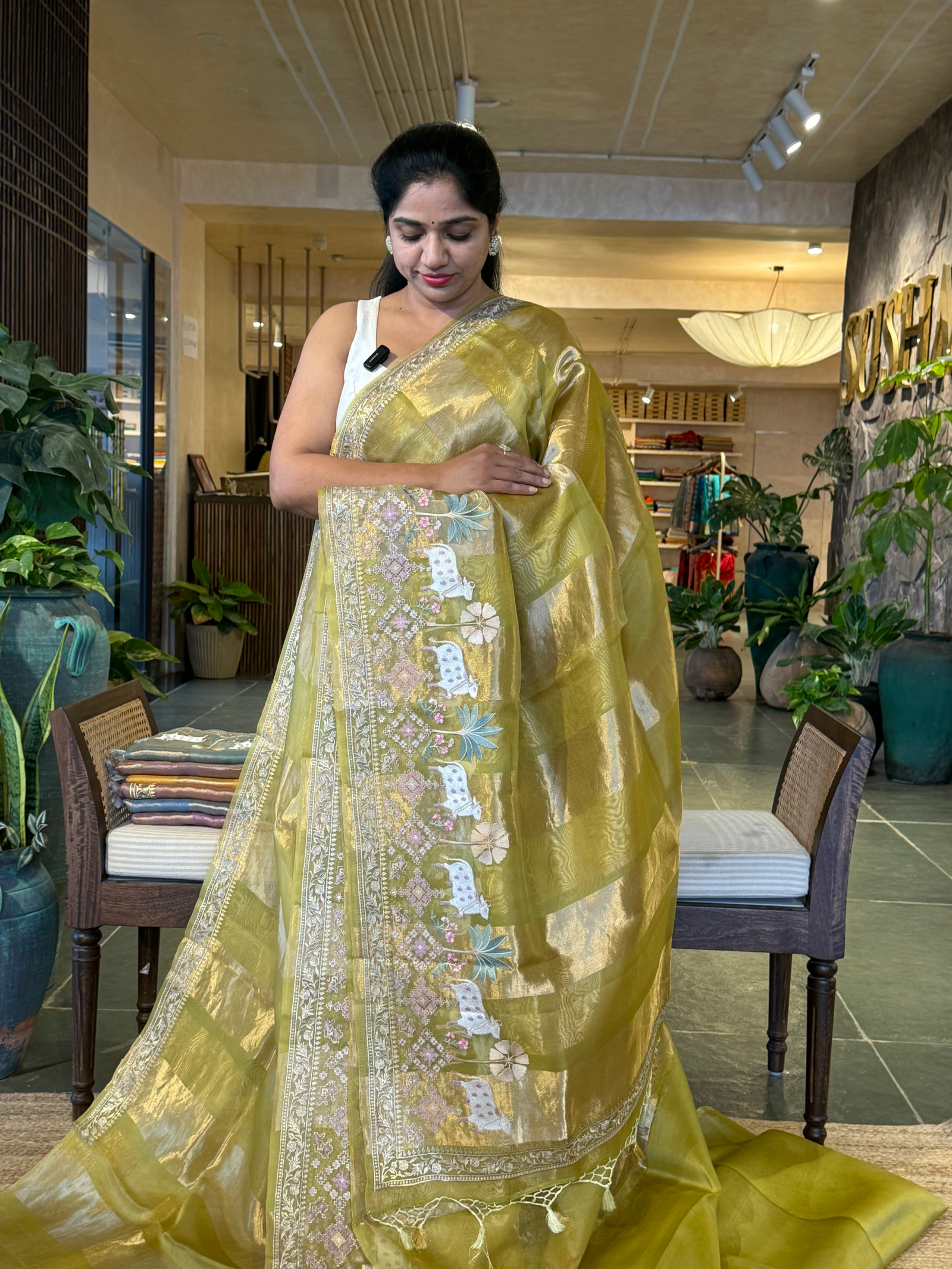 Moong Dal Green Kora Tissue Stripes with Pichwai & Jamdani Inspired Embroidery