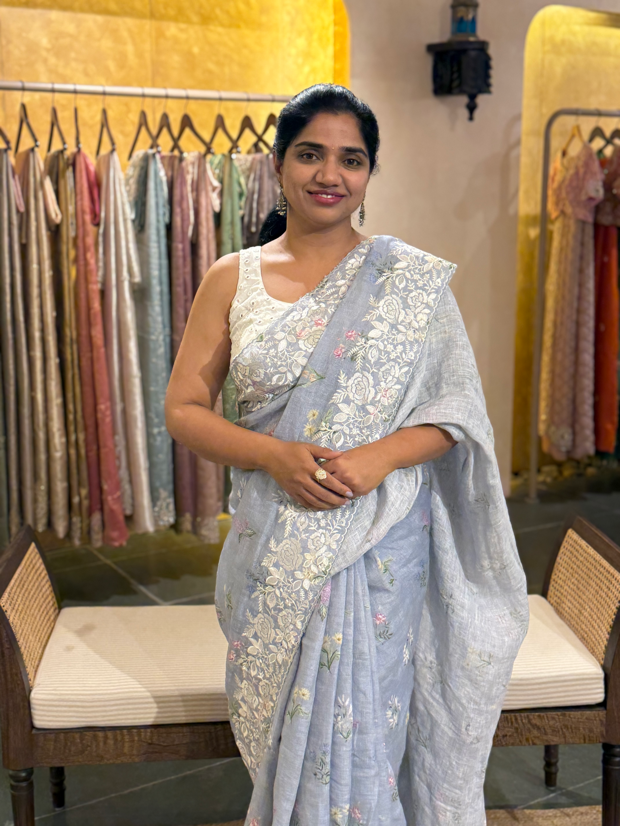 Pure Handloom Lenin Print Saree With  Parsi Gara Style Embroidery