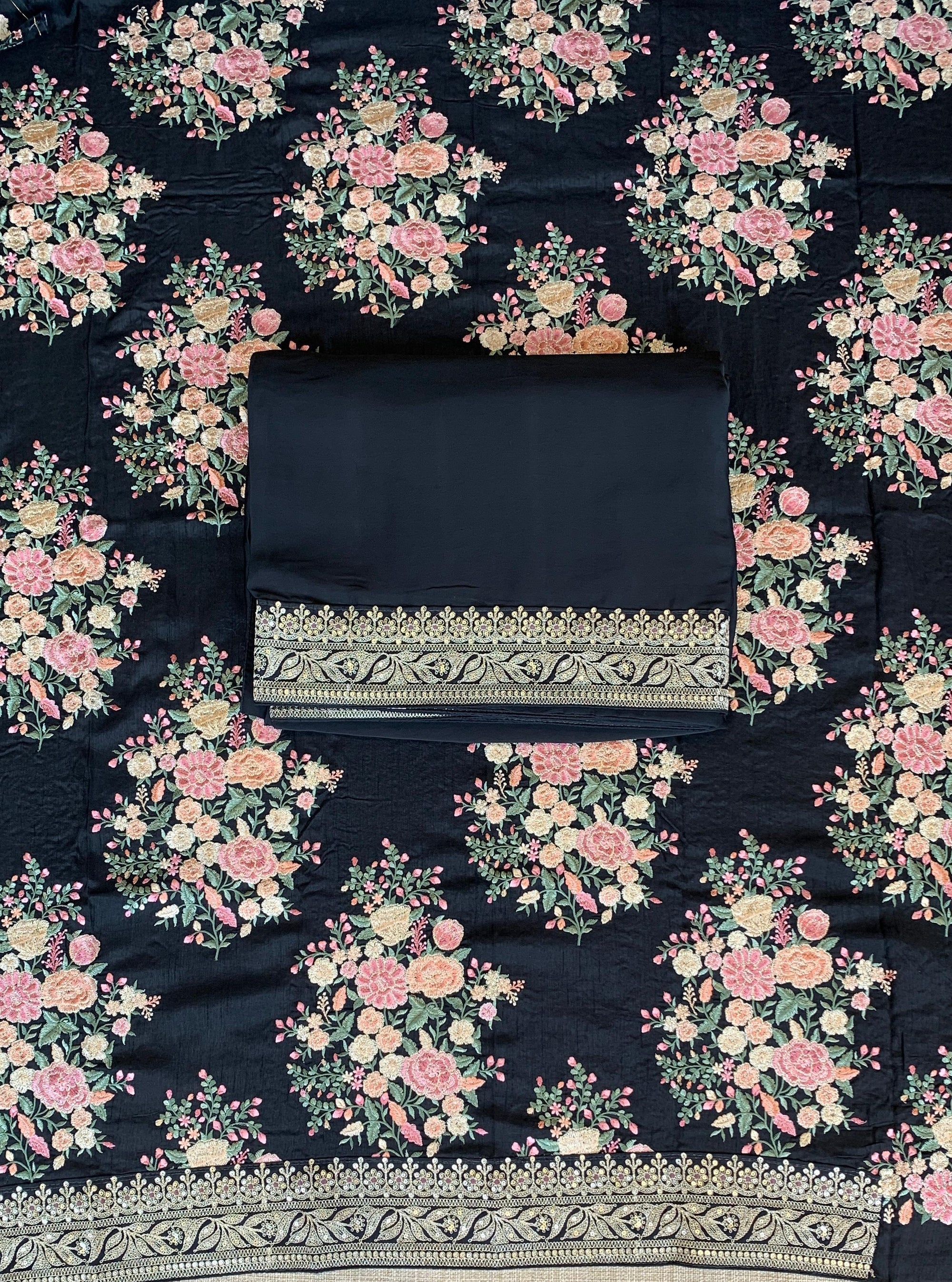 Black Pure Satin Silk Saree With Sabhya Borders & Allover Emb Blouse
