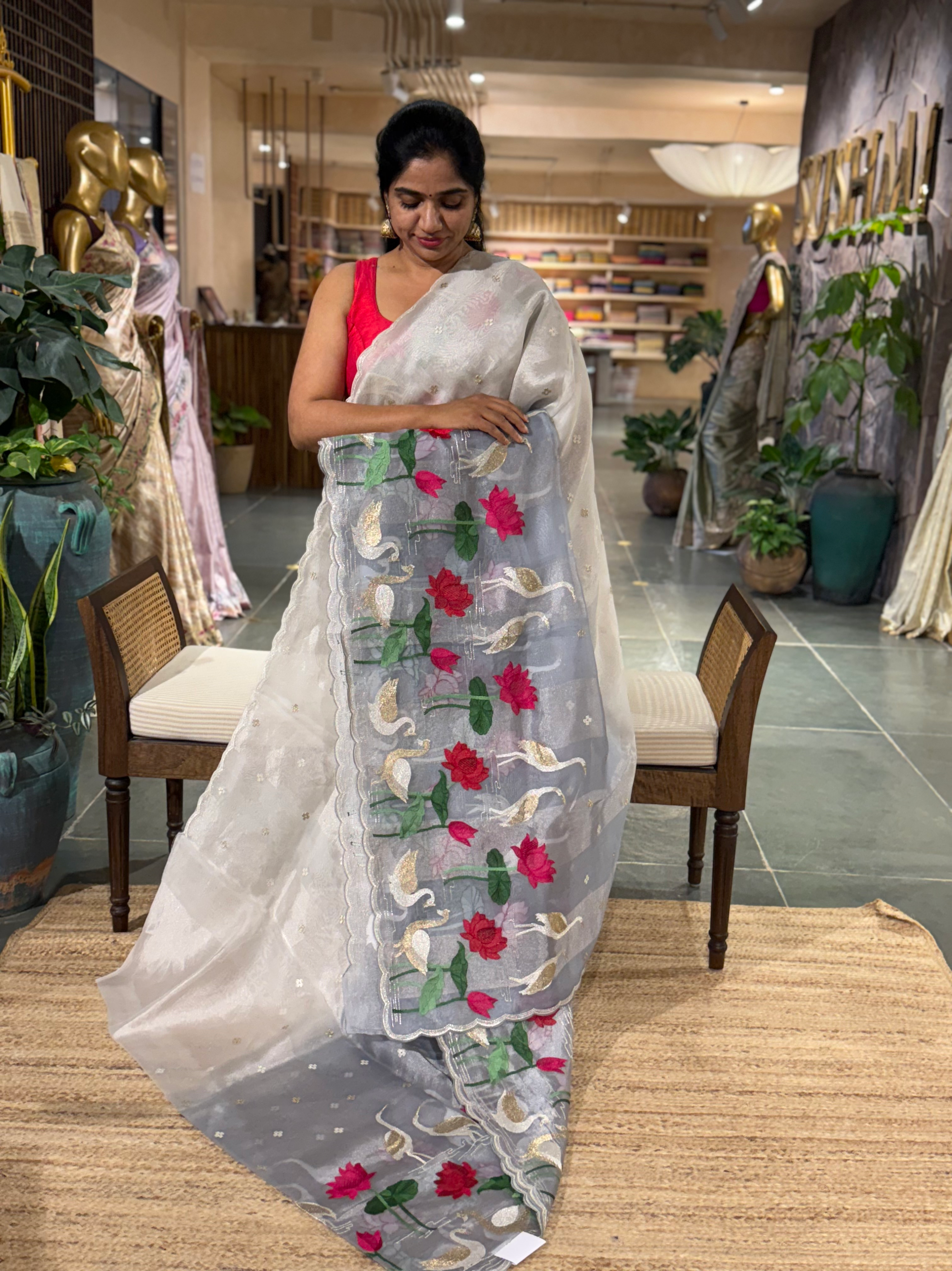 Ombre Dyed Handloom Kora Tissue Stripes Pichwai Pond themed Embroidered  Saree