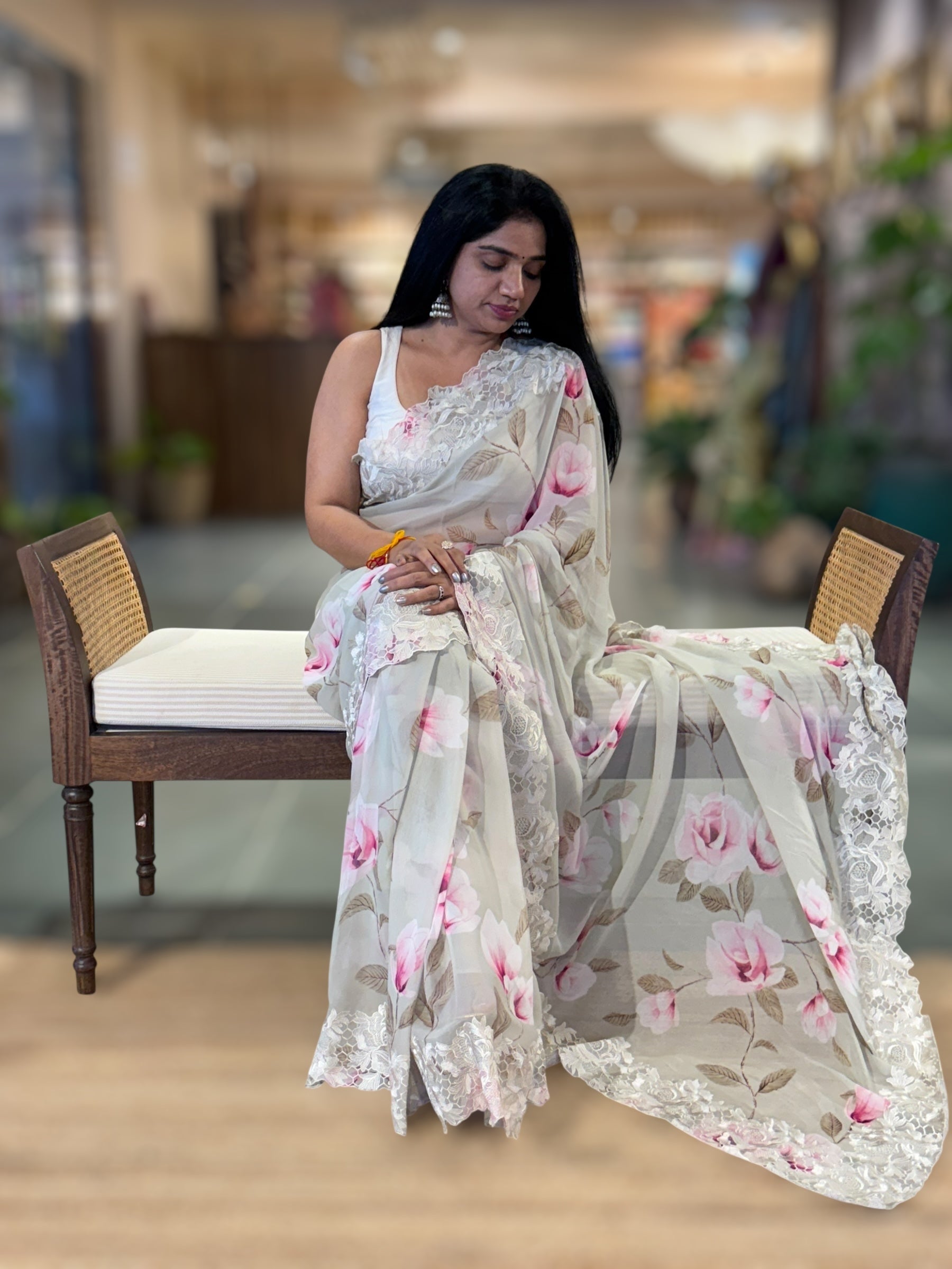 Pure Gorgette Saree With Chatilly Lace style Cutwork embroidered Border