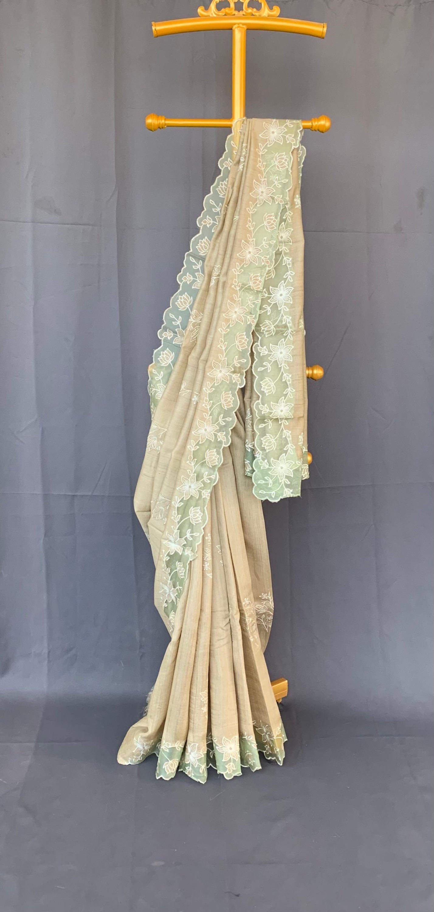 Pure handloom Tussar Designer Saree with Organza Applique Cutwork Border