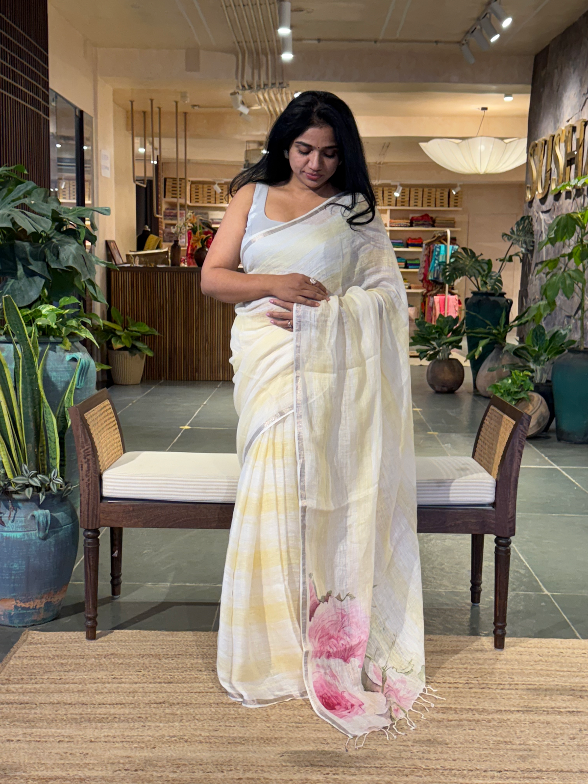 Ivory &amp; Pastel Yellow Handloom Lenin Striped Saree With Statement Flower Pallu