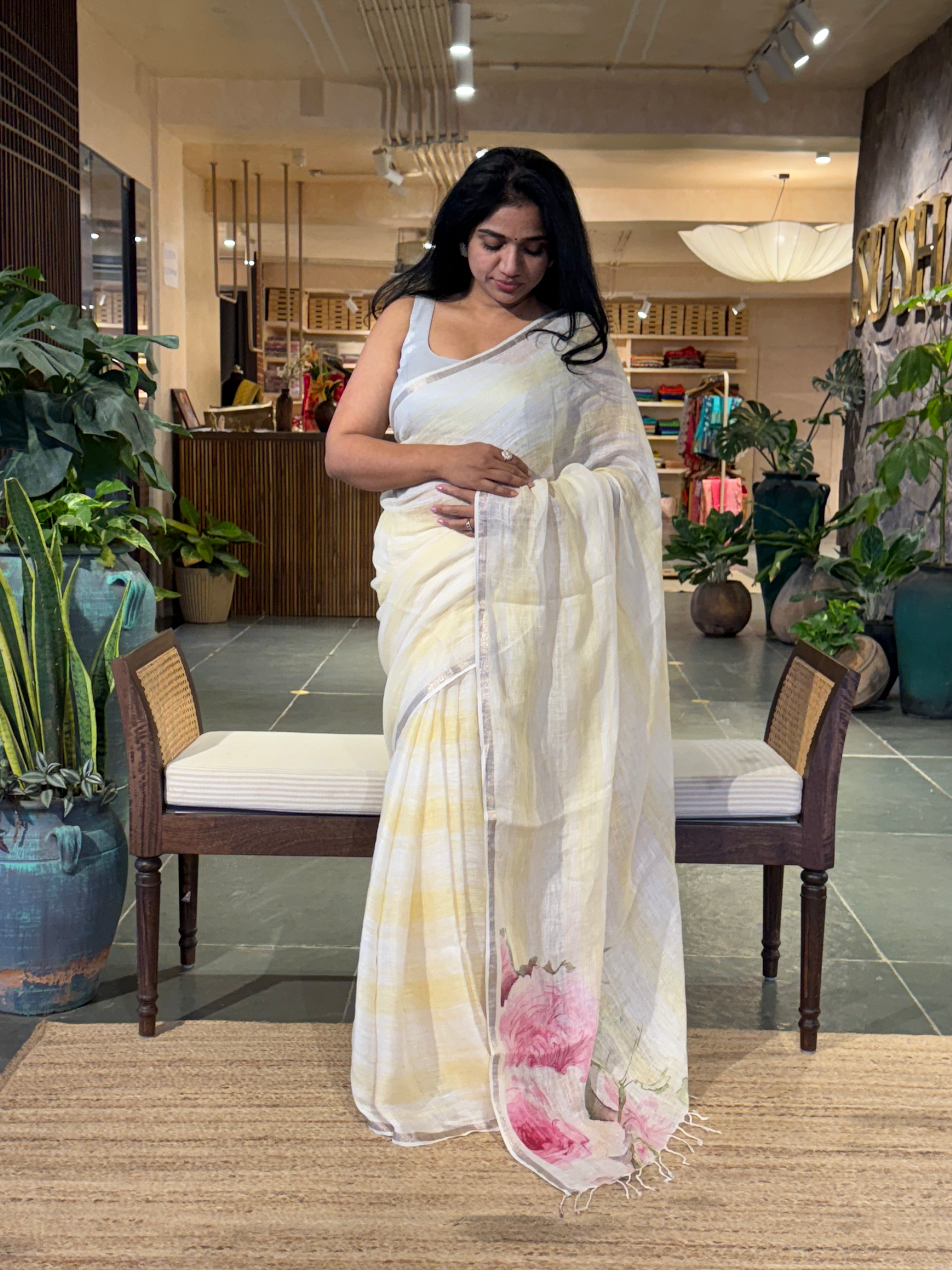 Ivory & Pastel Yellow Handloom Lenin Striped Saree With Statement Flower Pallu