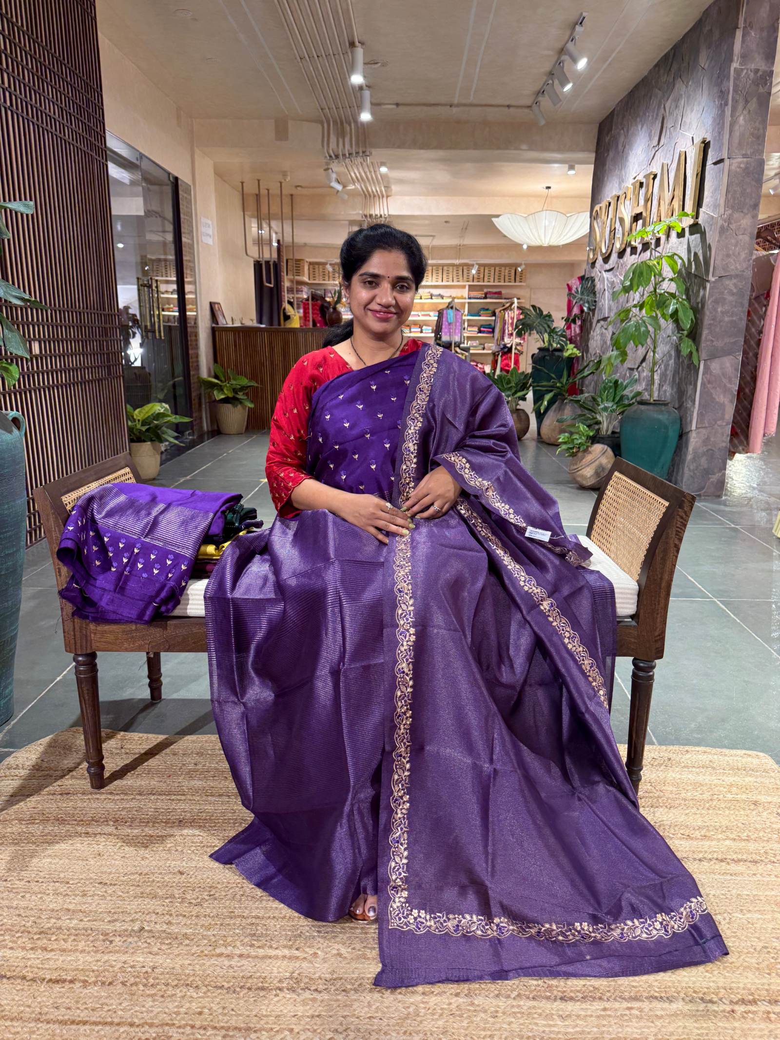 SCSSA605 : 3 Pc  Brinjal Pure Handloom Chiniya Silk Suit Set a