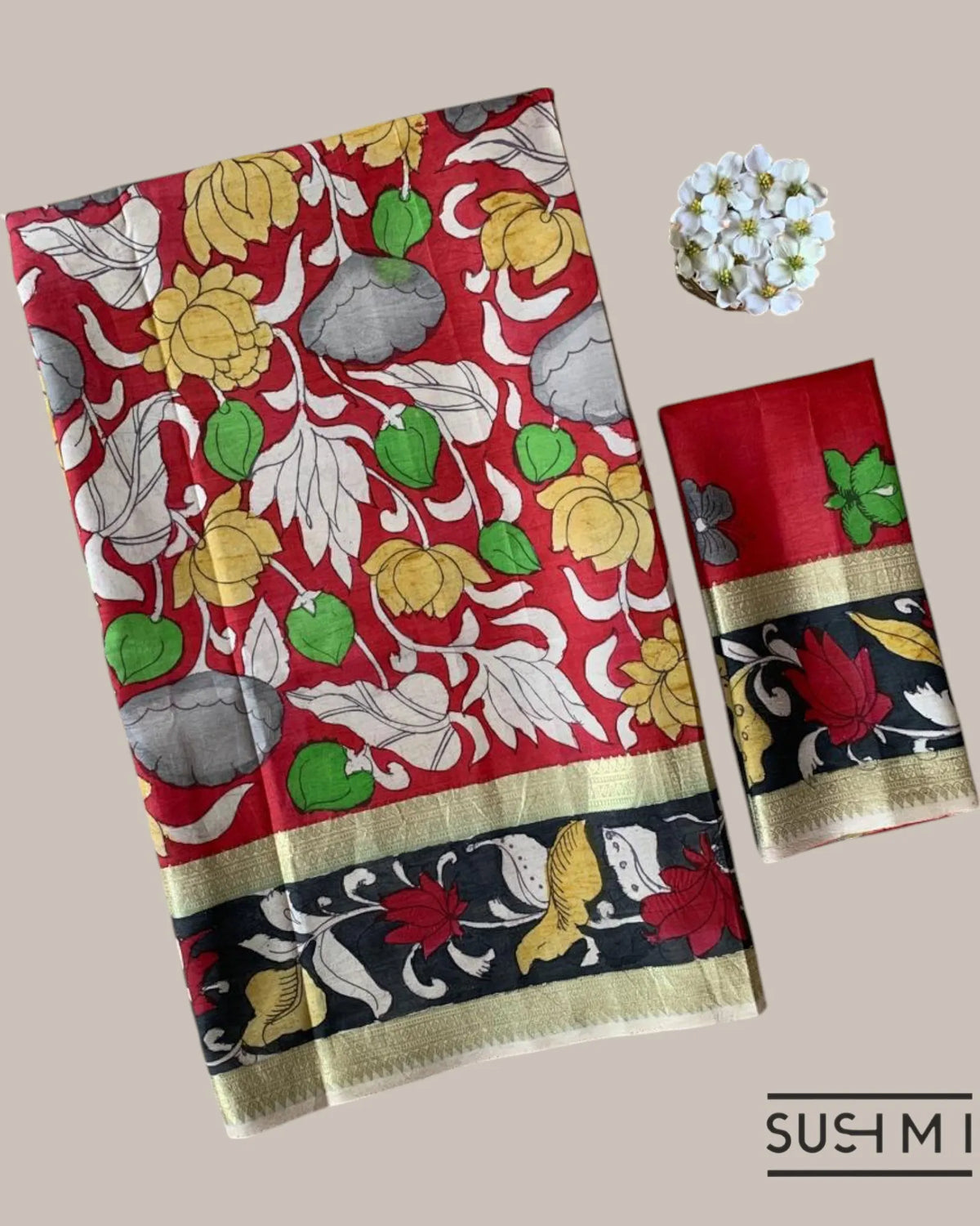 Red Kanchi Pen kalamkari handpainted saree with heavy borders