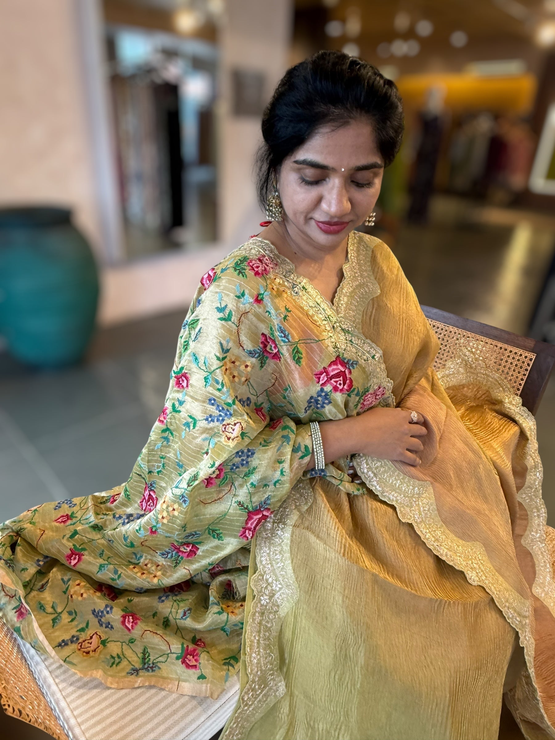 Ombre Dyed Crush Tissue Saree With Pitawork Border & Petite Point Embroidered BP