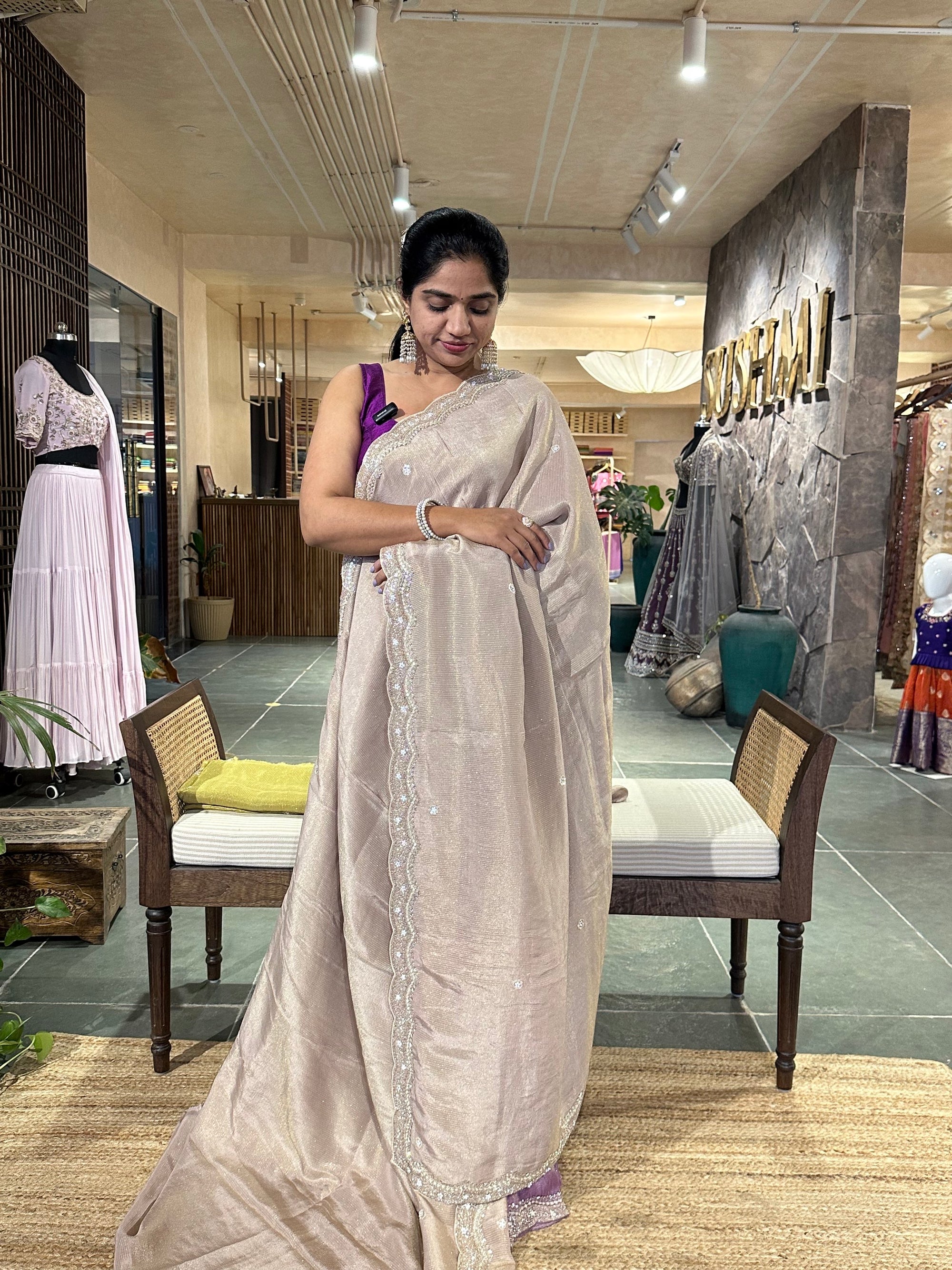 Beige Tissue Gorgette Saree with heavy scalloped handworked border and blouse