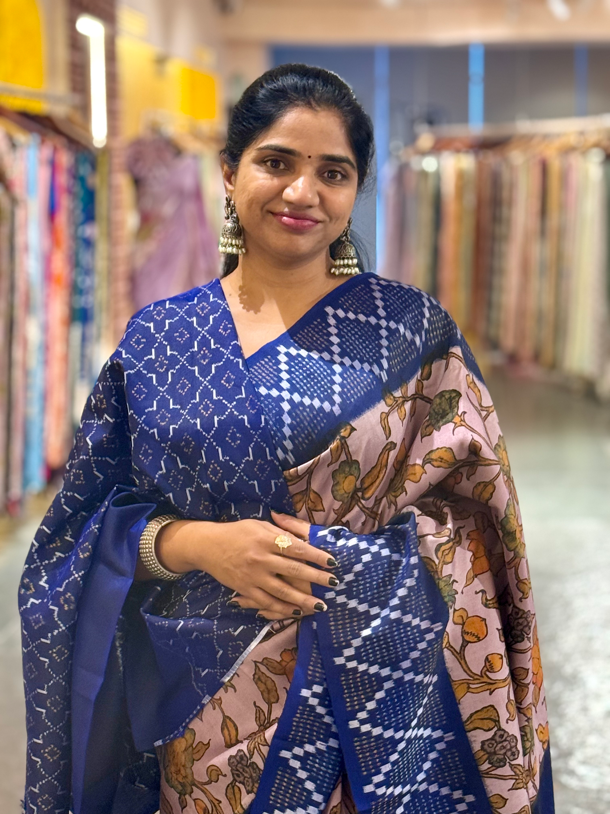Ikkath Patola Sarees with Pen Kalamkari Style Digital  Prints