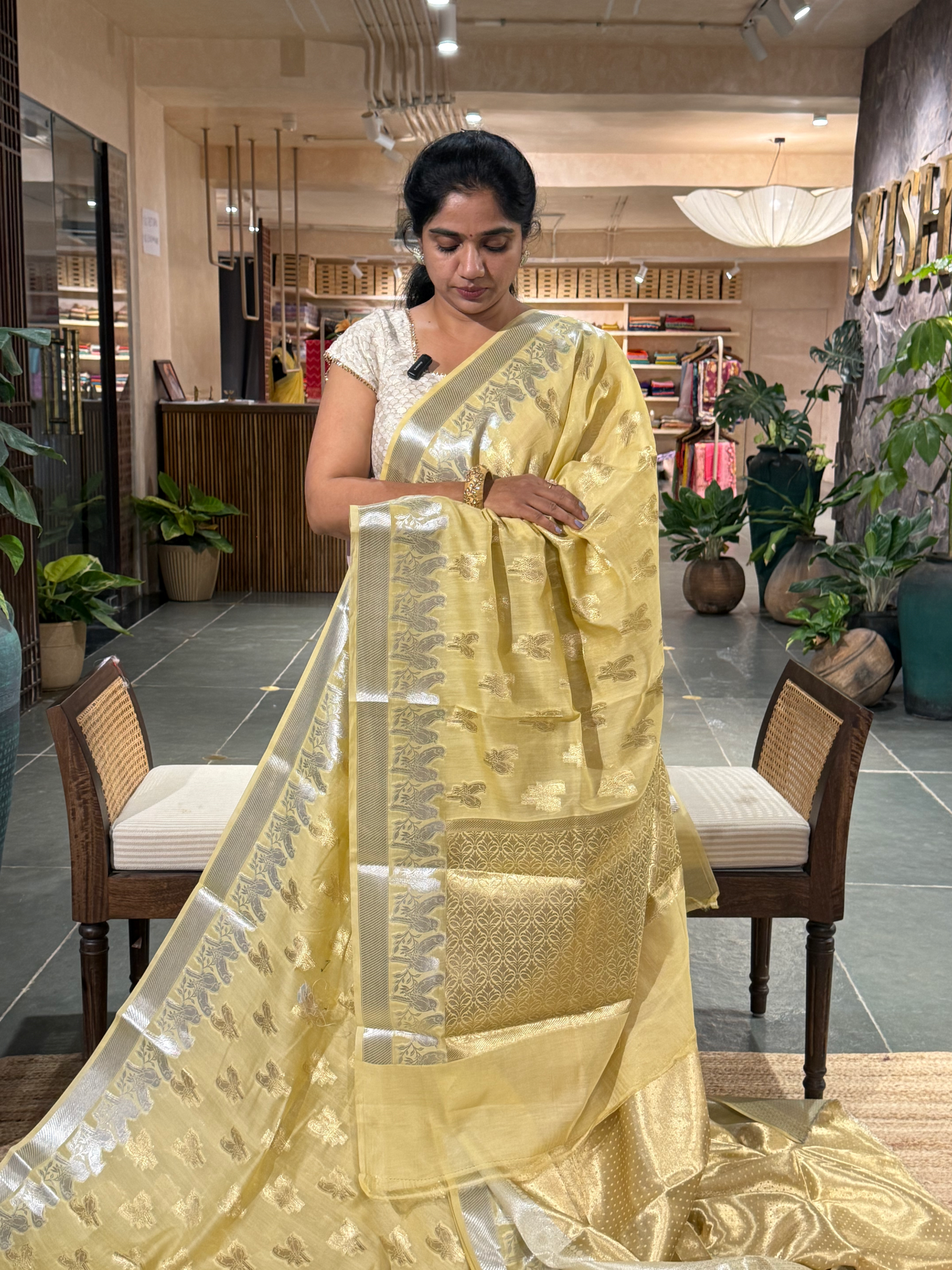 BMSA1408 Pastel yellow Banaras mul silk Cotton allover love birds weaving  Saree