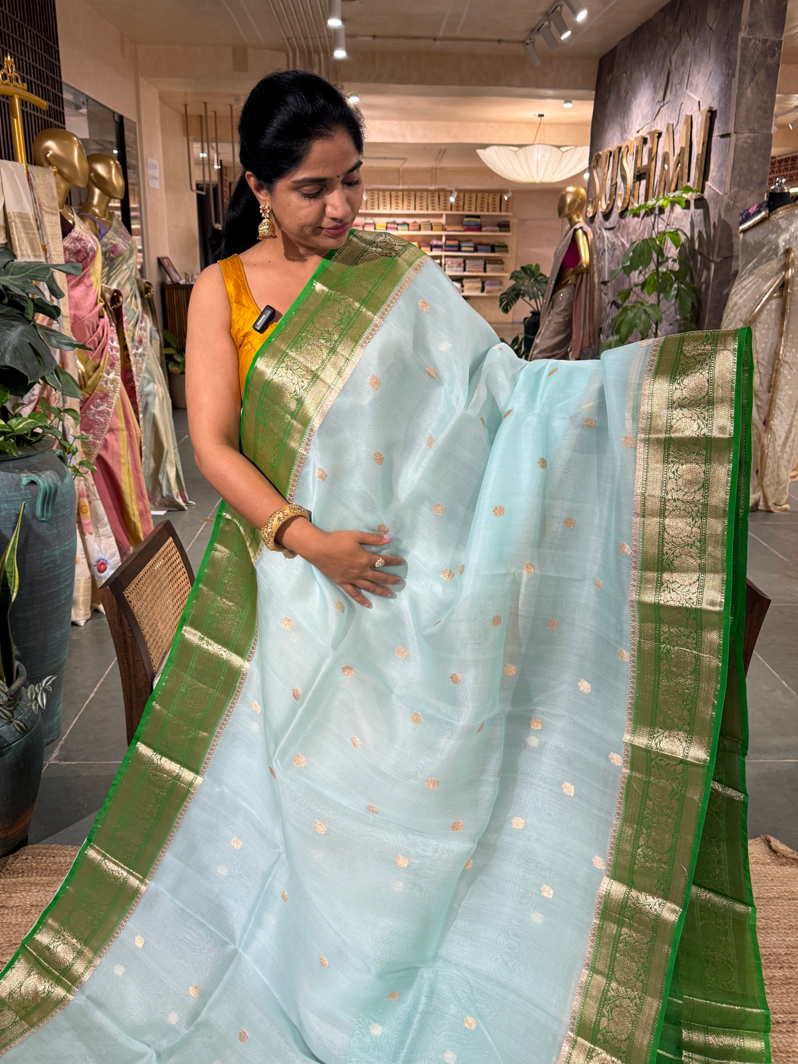 Sky Blue & emerald Green Combo Pure Handloom Kora Banarasi Saree