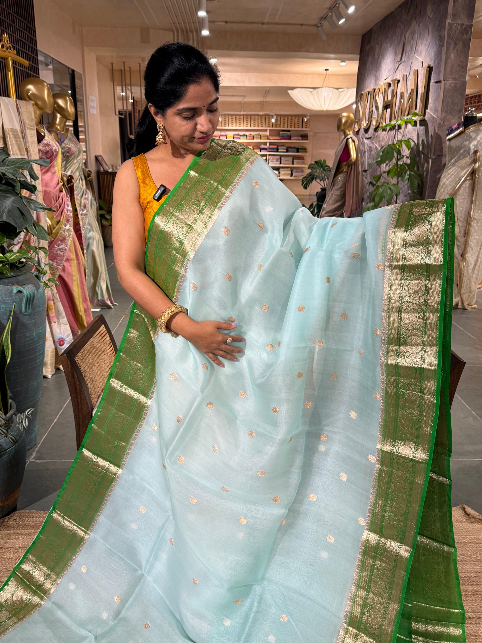 Sky Blue & emerald Green Combo Pure Handloom Kora Banarasi Saree