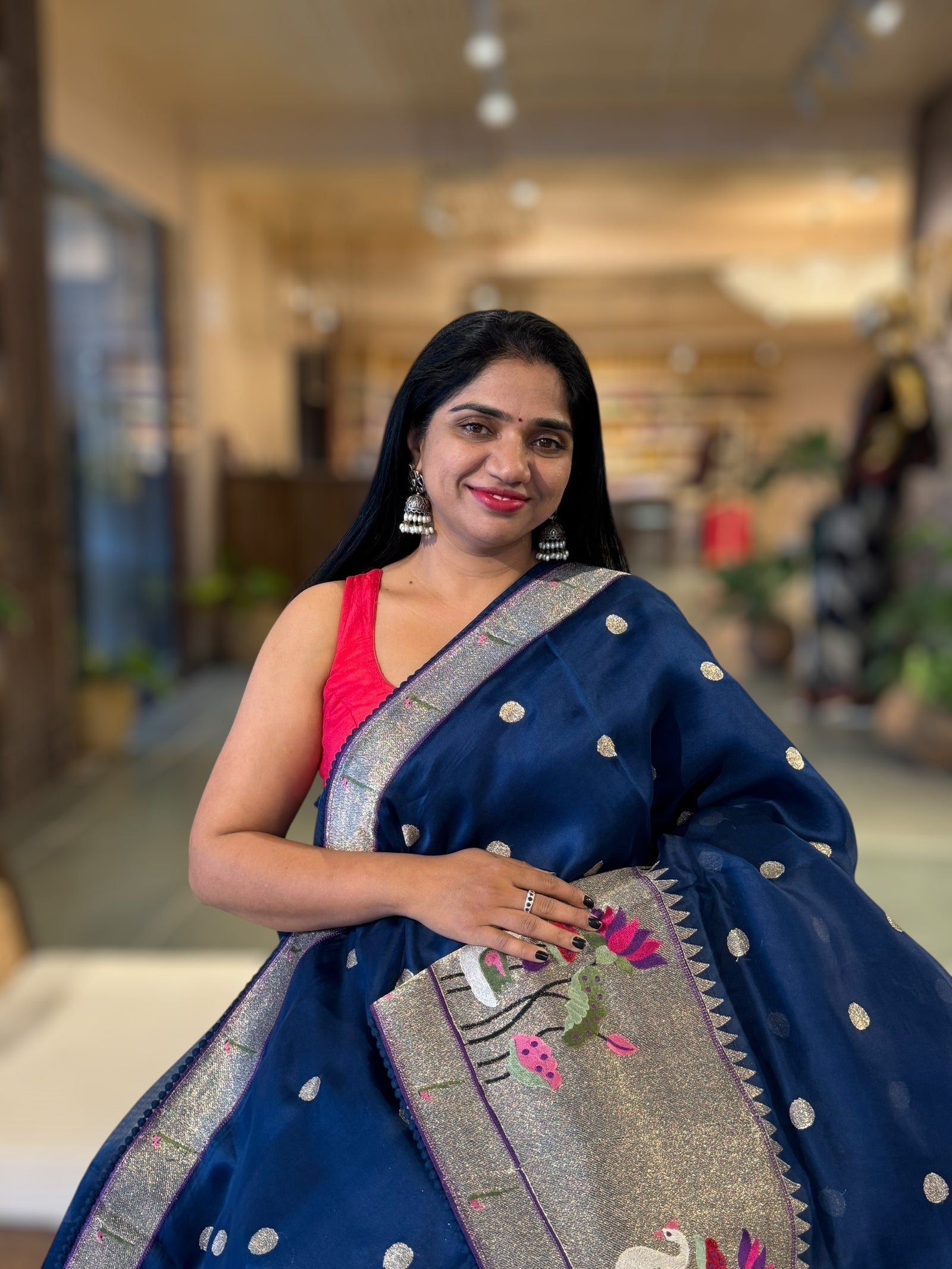 Peacock Blue Pure Organza Saree With Pythani Embroidered Border