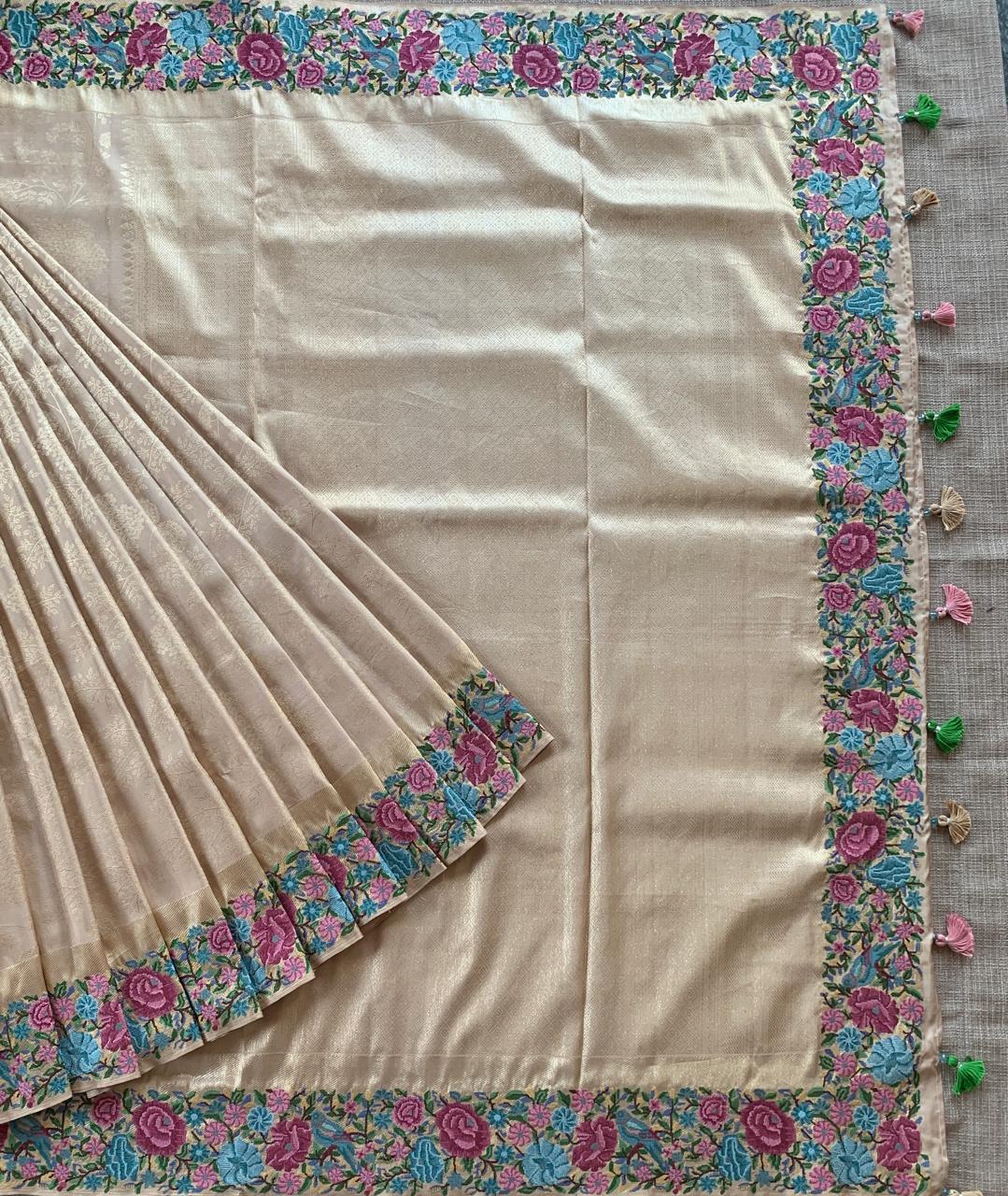 Wheat Tone  Pure  Kanchi Brocade Saree with Petite Point Embroidery