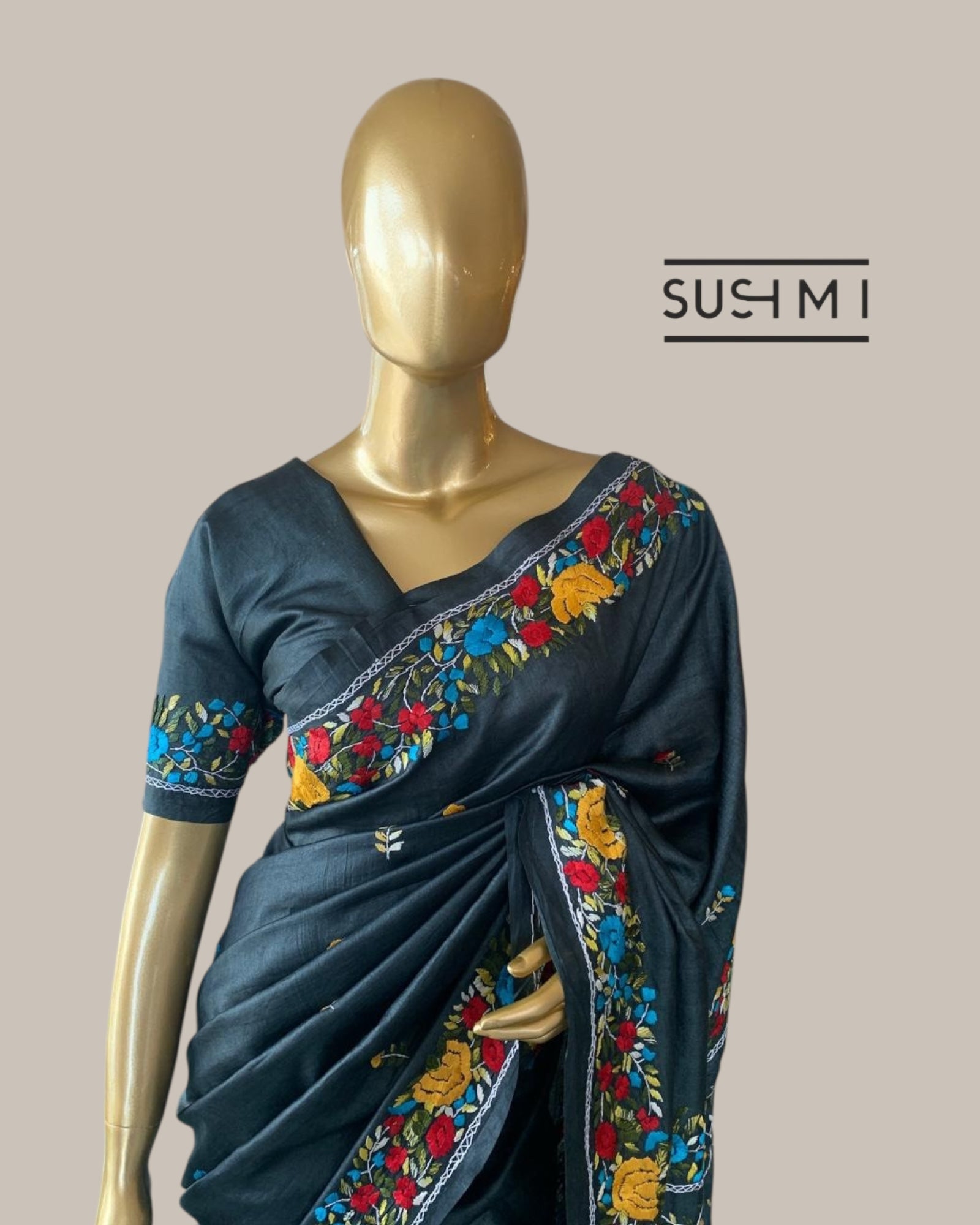 Elephant Grey Pure Tussar Saree with Parsi Gara  handwork
