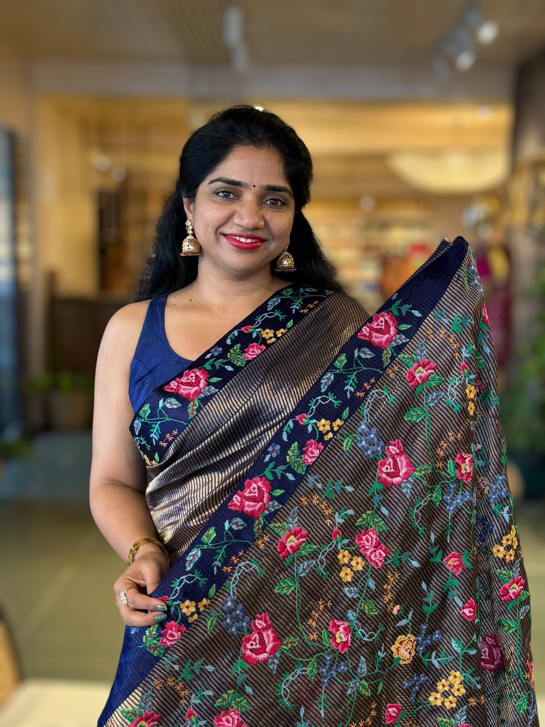 Navy Tissue Stripes Saree wth Petite Point Embroidered Border Pallu & BP