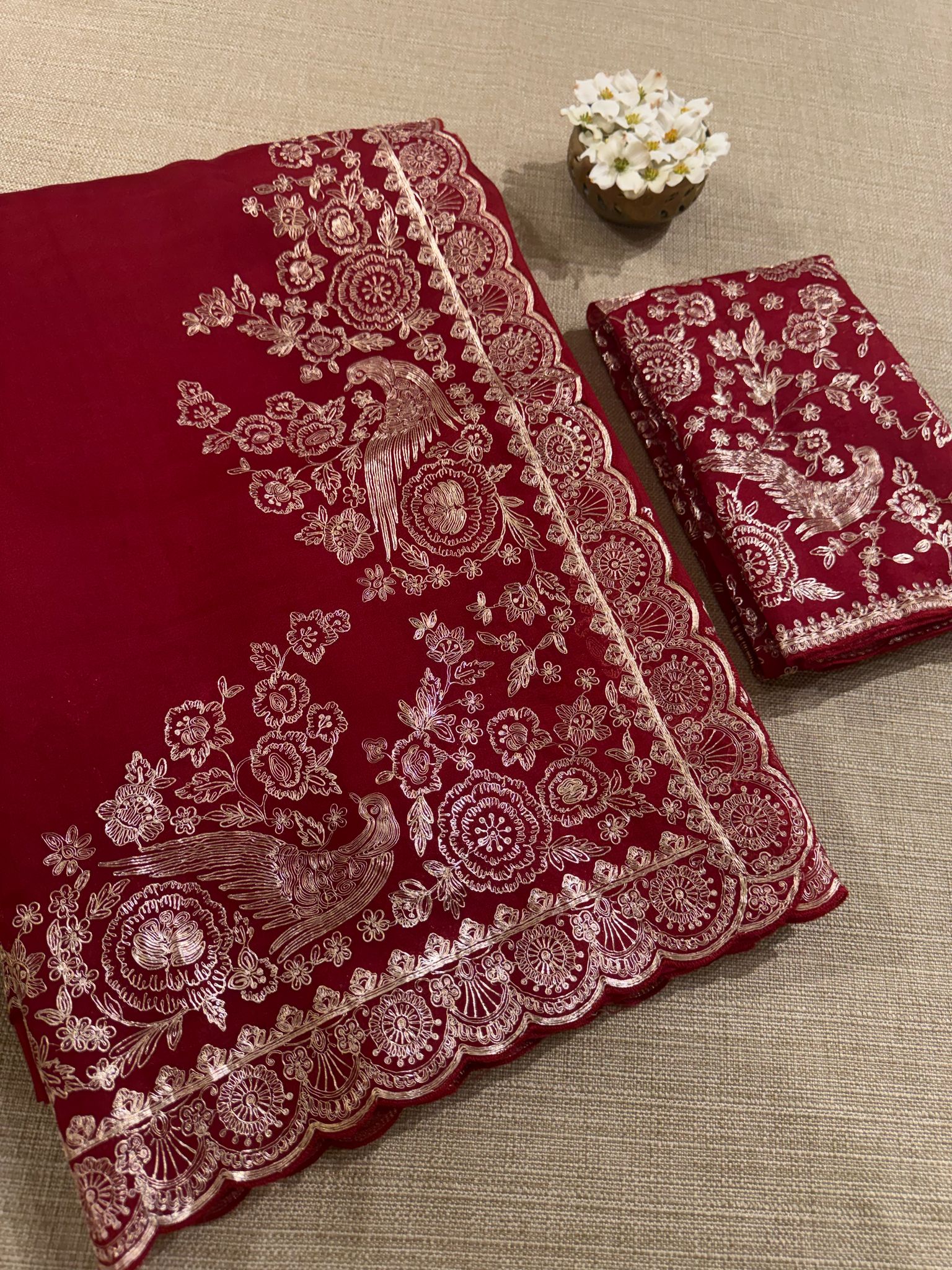 Meroonish Red  Pure organza Saree with pita emb