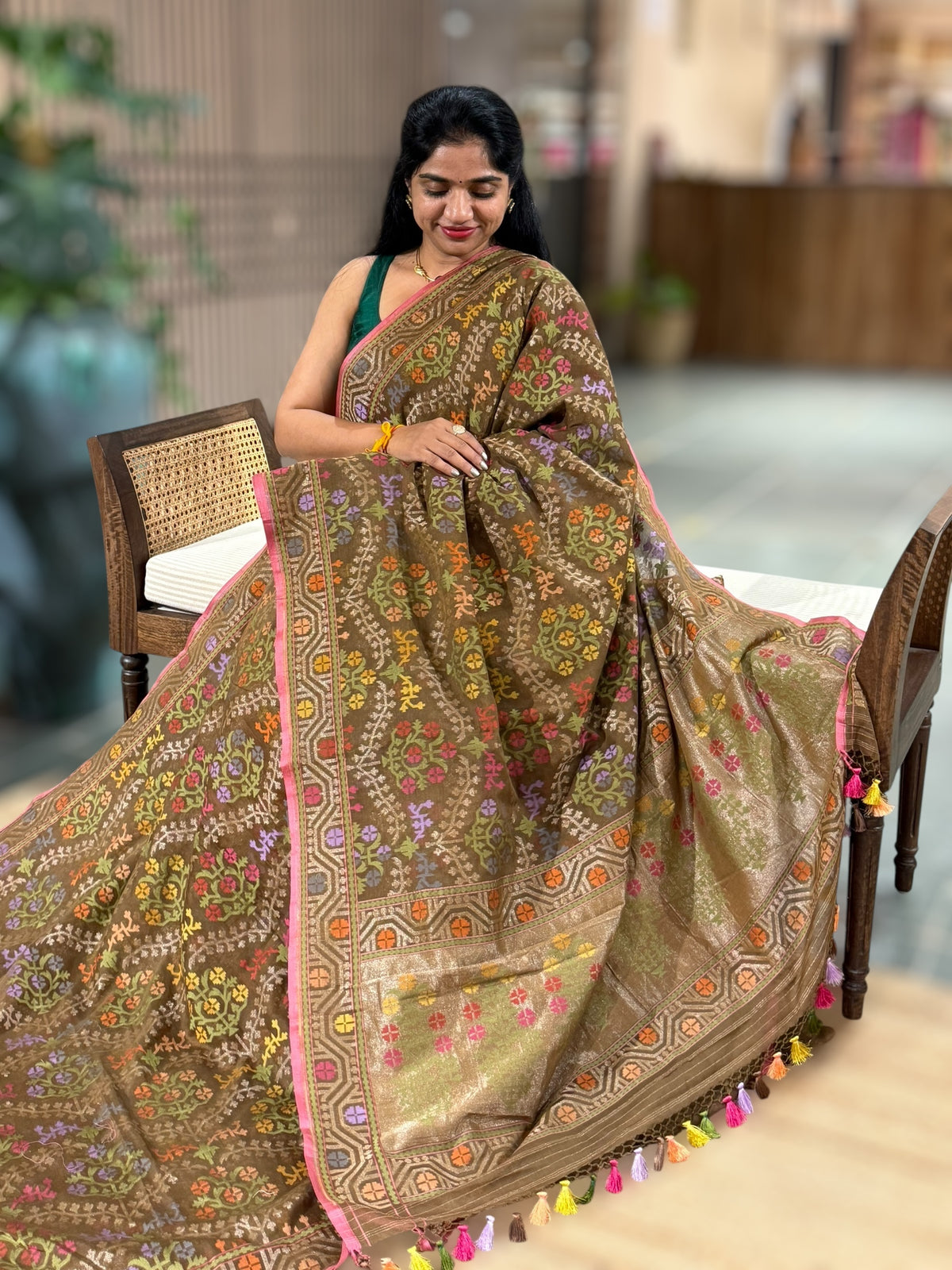 Olive Brown Banarasi Handloom Cotton Cut Jamdani Saree With Allover Meenakari