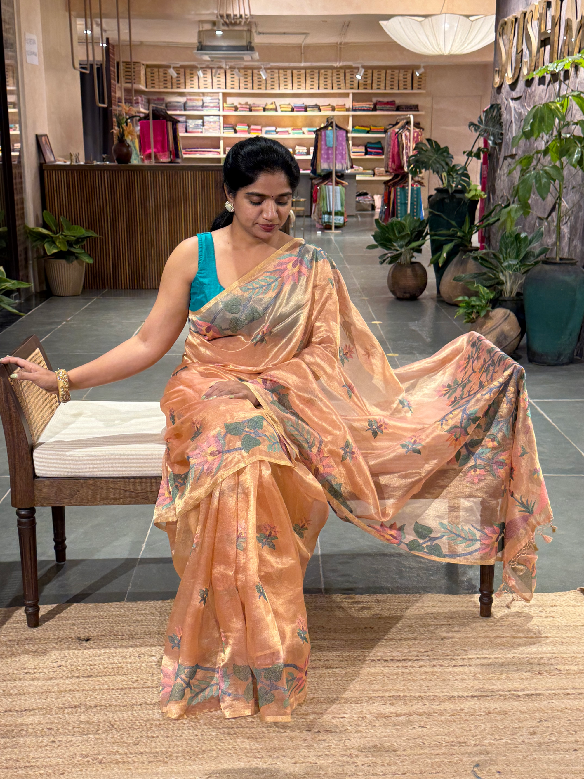 STJA207 : Peach Tissue With Jamdani Look Embroidery