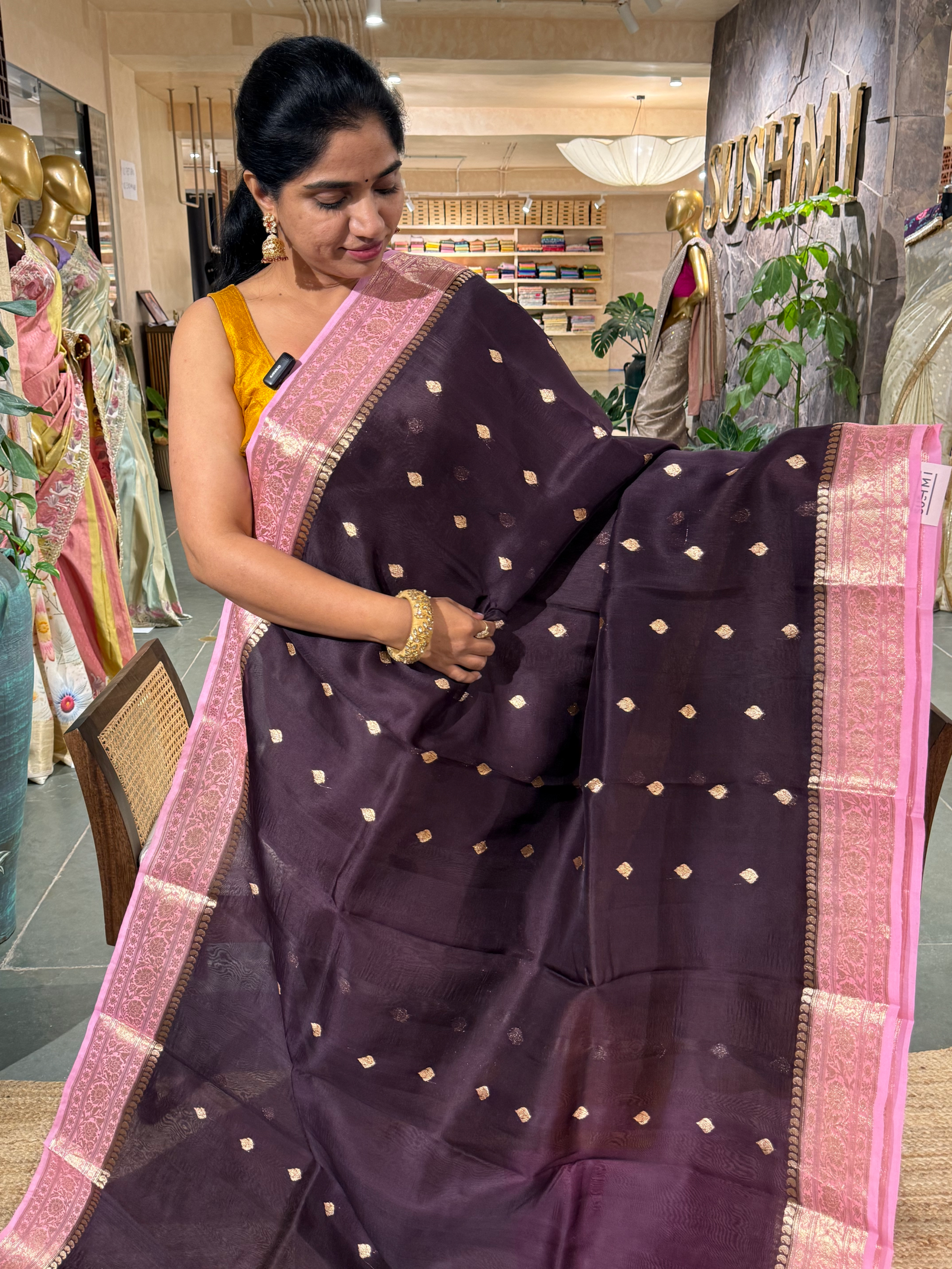 Winish Brown & Pink Combo Pure Handloom Kora Banarasi Saree n
