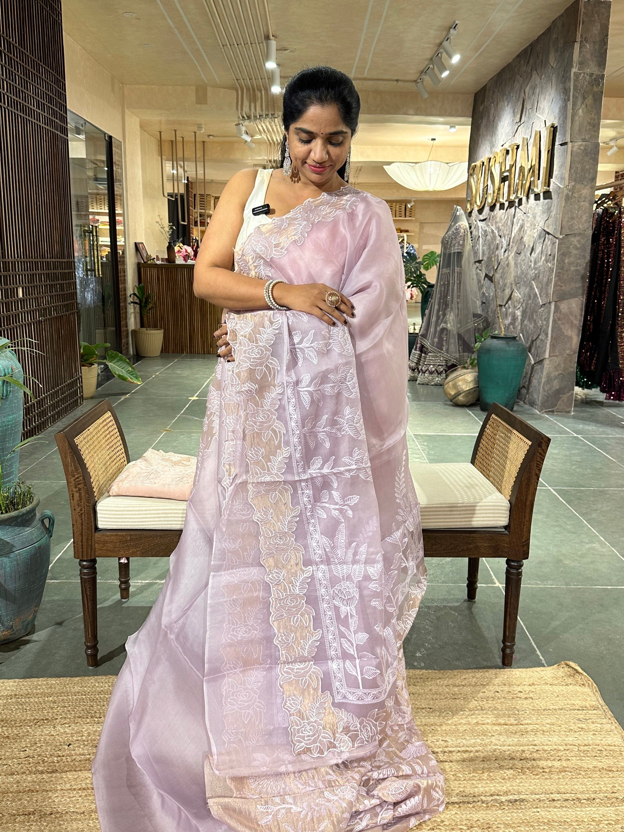 Lilac / light mauve Pure Organza heavy  cutwork embroidered border saree