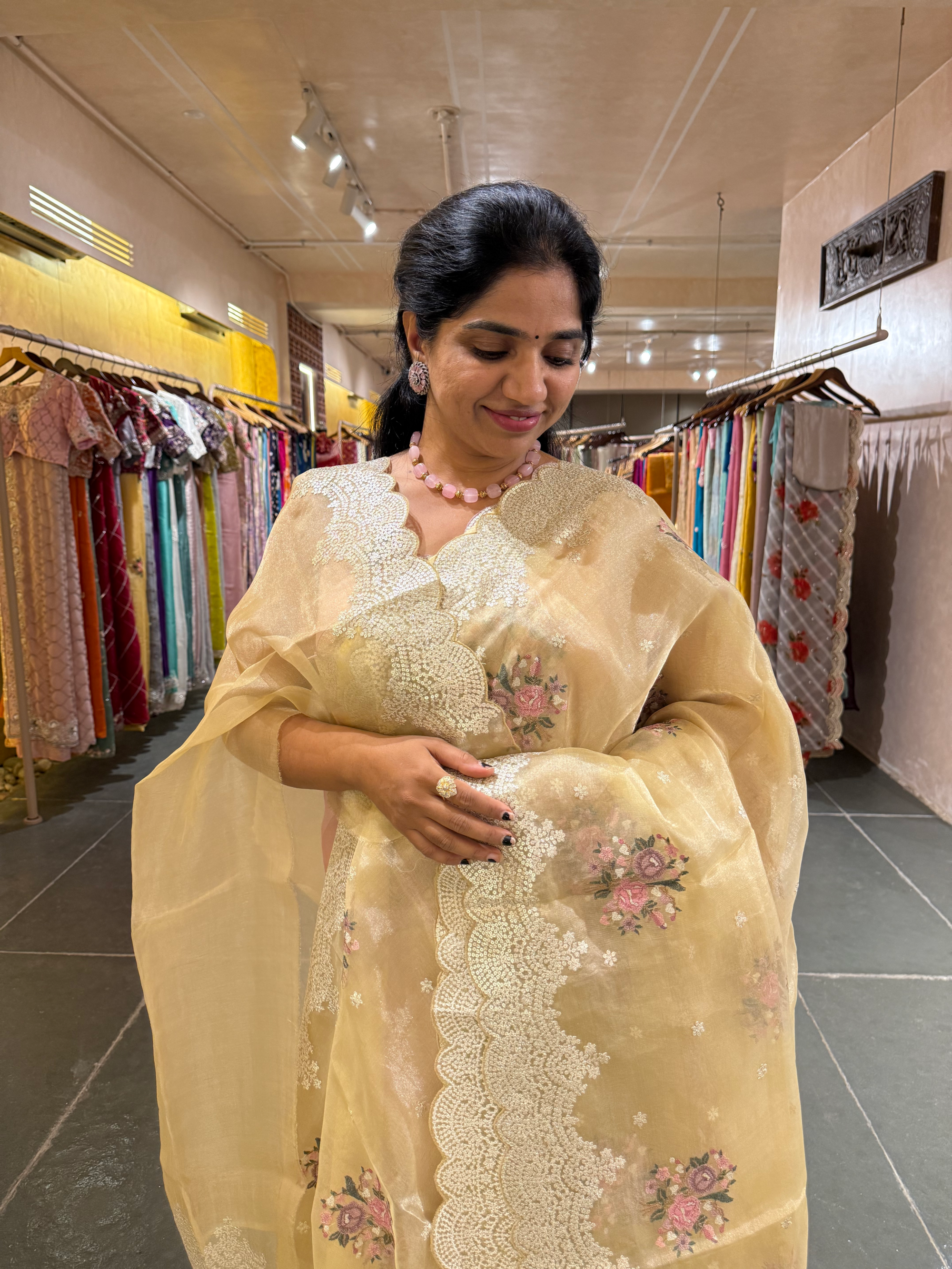 Yellow Tissue Saree With allover Petite Point Motifs & Pittai Sequnce Borders