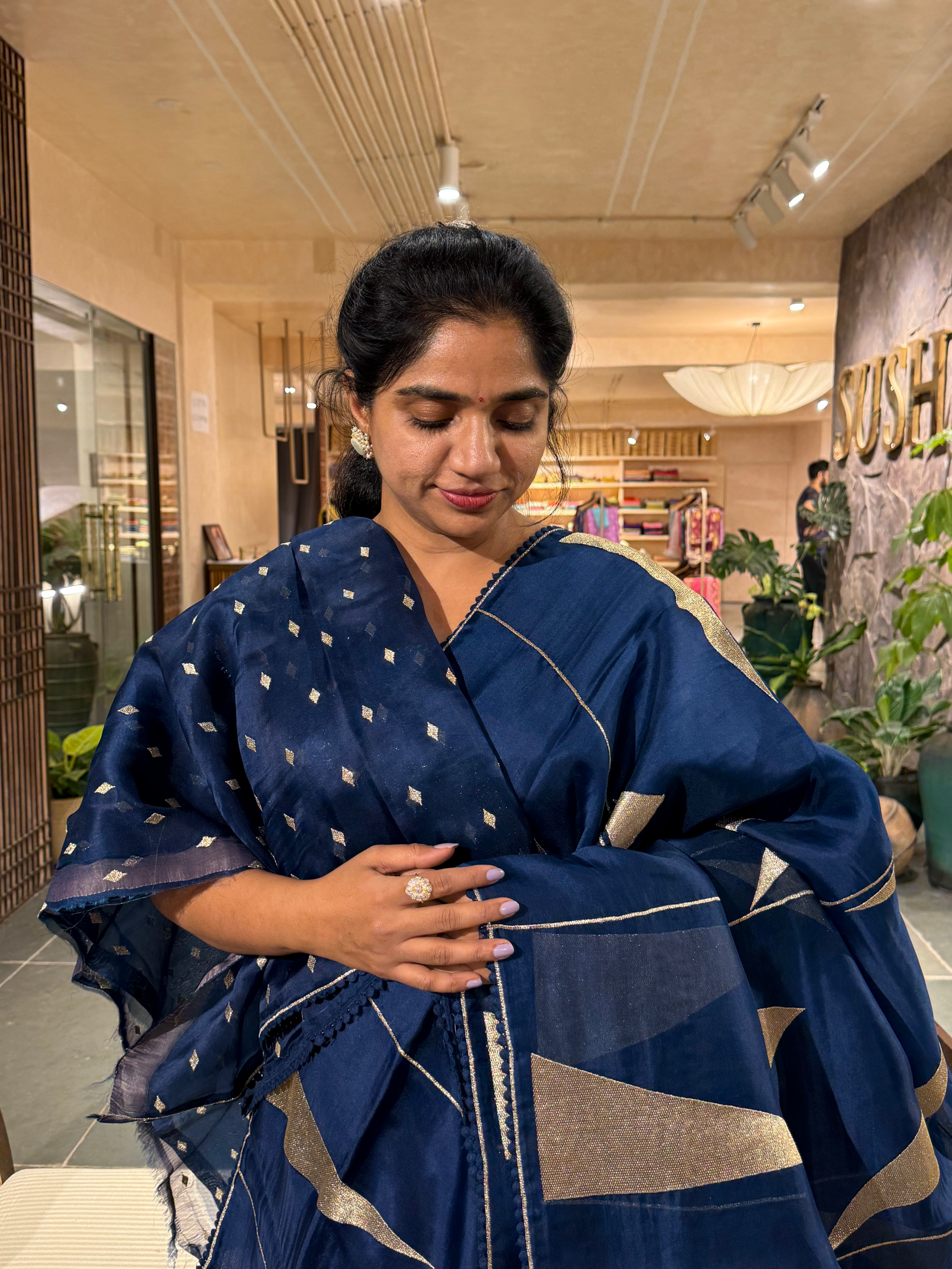 SOCA107 Midnight Blue Pure Organza Silk Saree in contemporary style