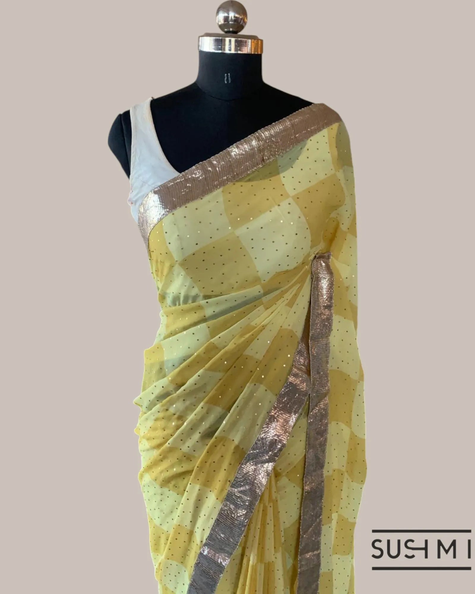 Pure Gorgette Saree in Checks Pattern , Allover Seuence & Hemlined Wth Gota lace