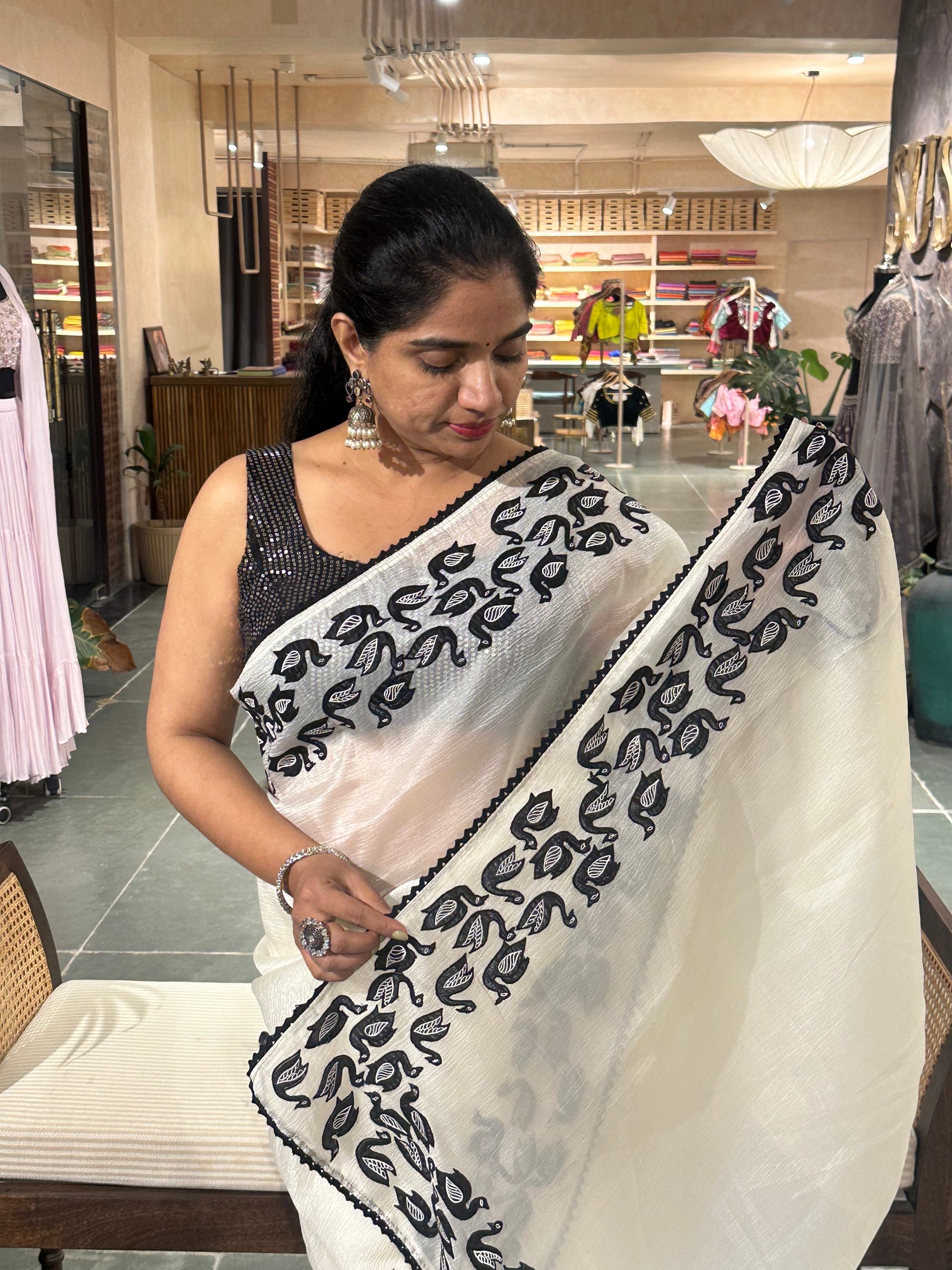 Half white Crush Organza Saree with Ducks applique work and embroidery