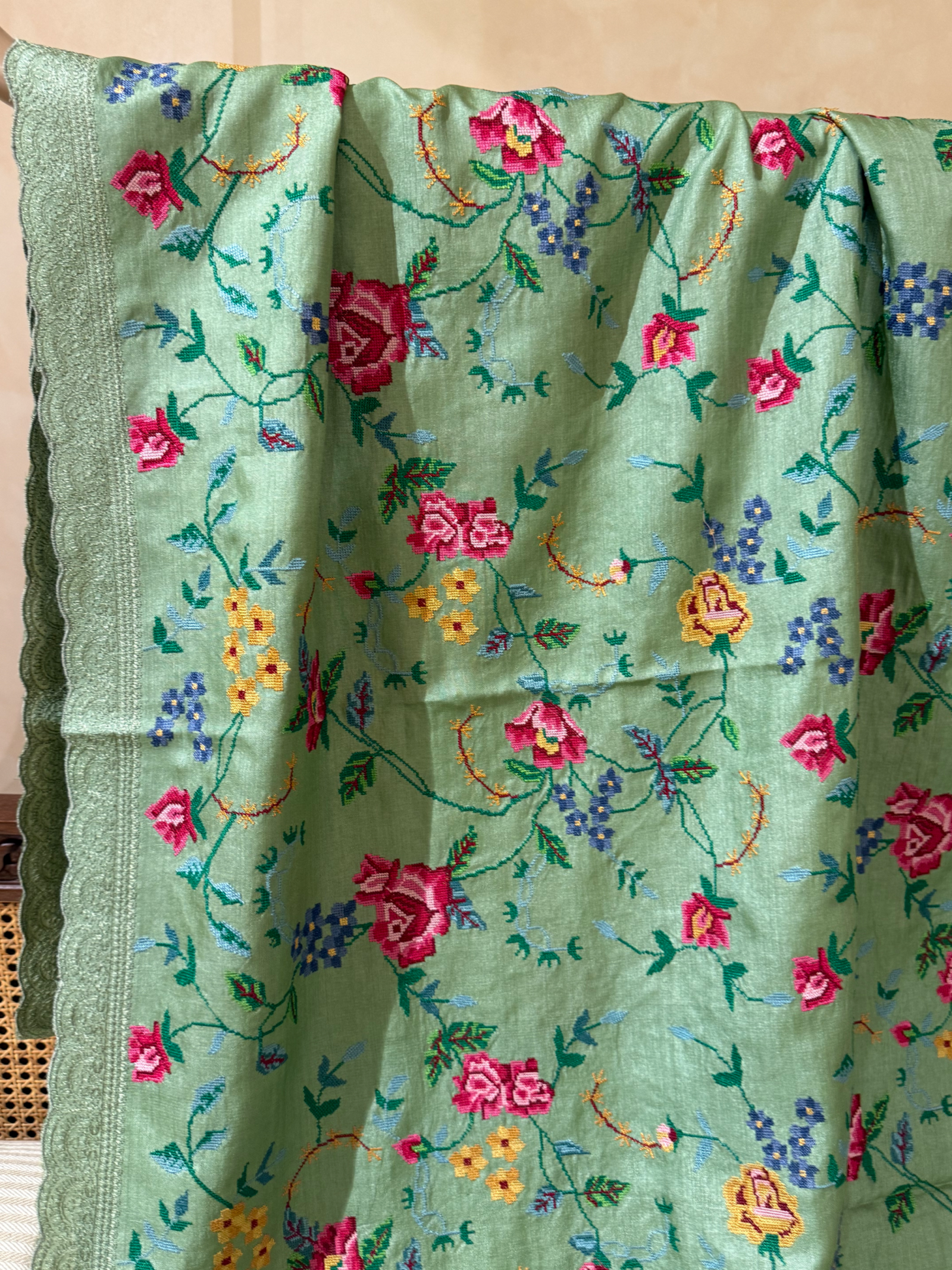 STPPA206 : Sage Green Pure Tussar Saree With Allover Petite Point Embroidery