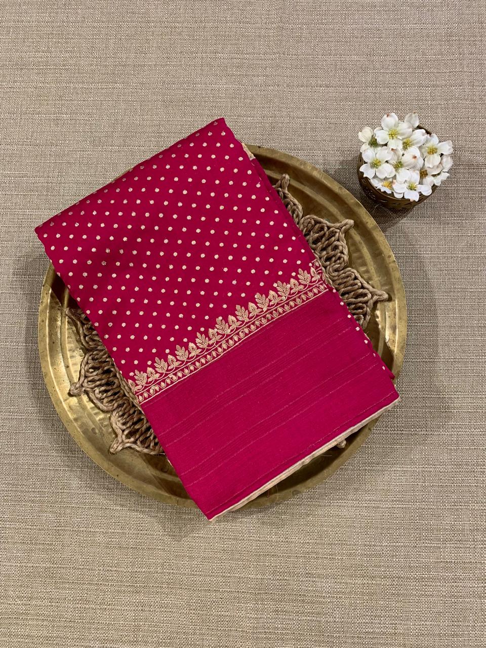 Dark Pink Chiniya Silk Saree with Embroidery Border & Applique Creeper Pallu