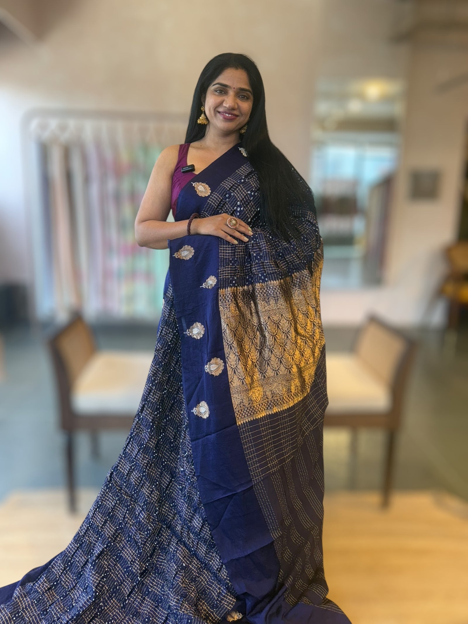 Midnight Blue Banarasi Bandhej Silk Saree With Kaduwa Woven Open Mashru Borders